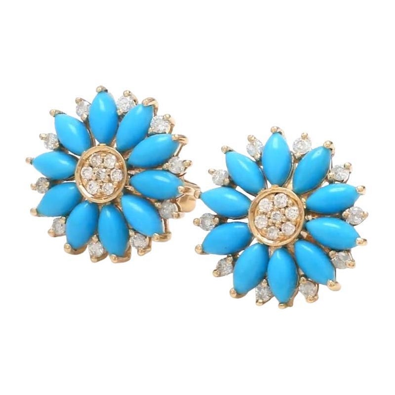 Natürliche 3,23 Karat Türkis Marquise & 0,38 Karat Diamant Ohrstecker in 14k Gold