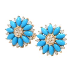 Natural 3.23cts Turquoise Marquise & 0.38cts Diamond Studs in 14k Gold