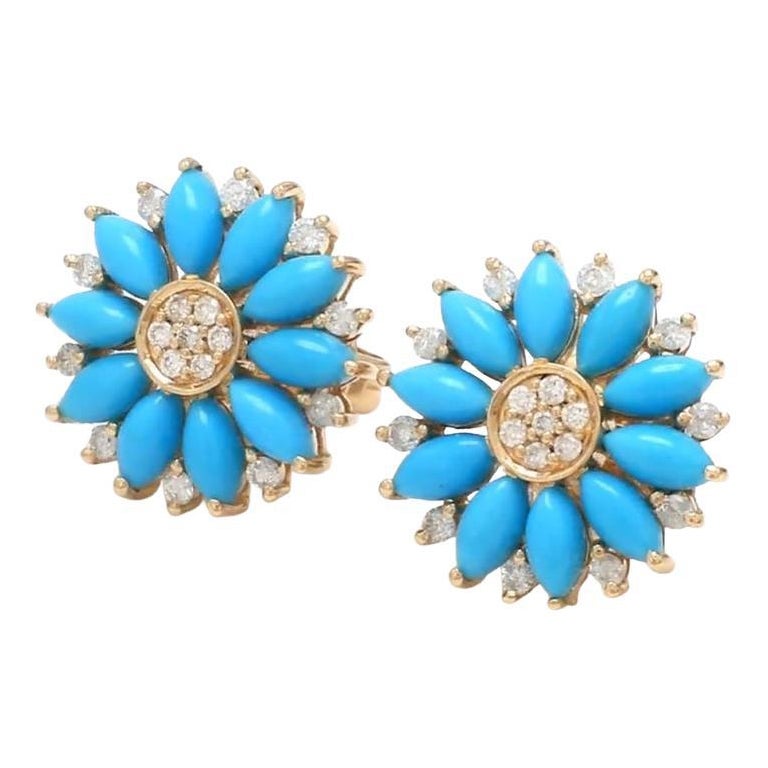 Borchie con turchese marquise da 3,23 carati e diamante da 0,38 carati in oro 14k in vendita
