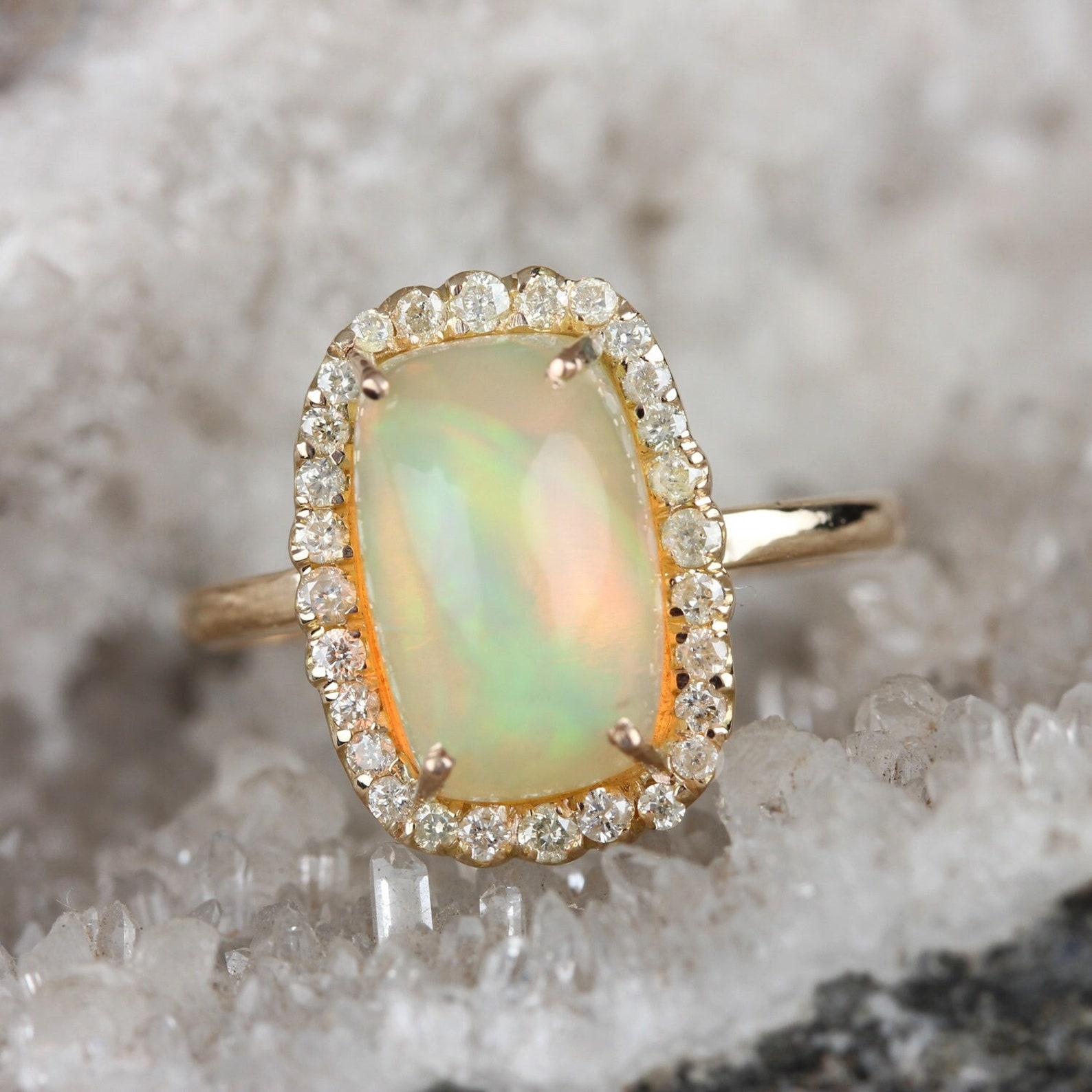 Round Cut Natural 3.27 Ct Ethiopian Opal Pave Diamond Cocktail Ring Solid 14k Gold Ring. For Sale