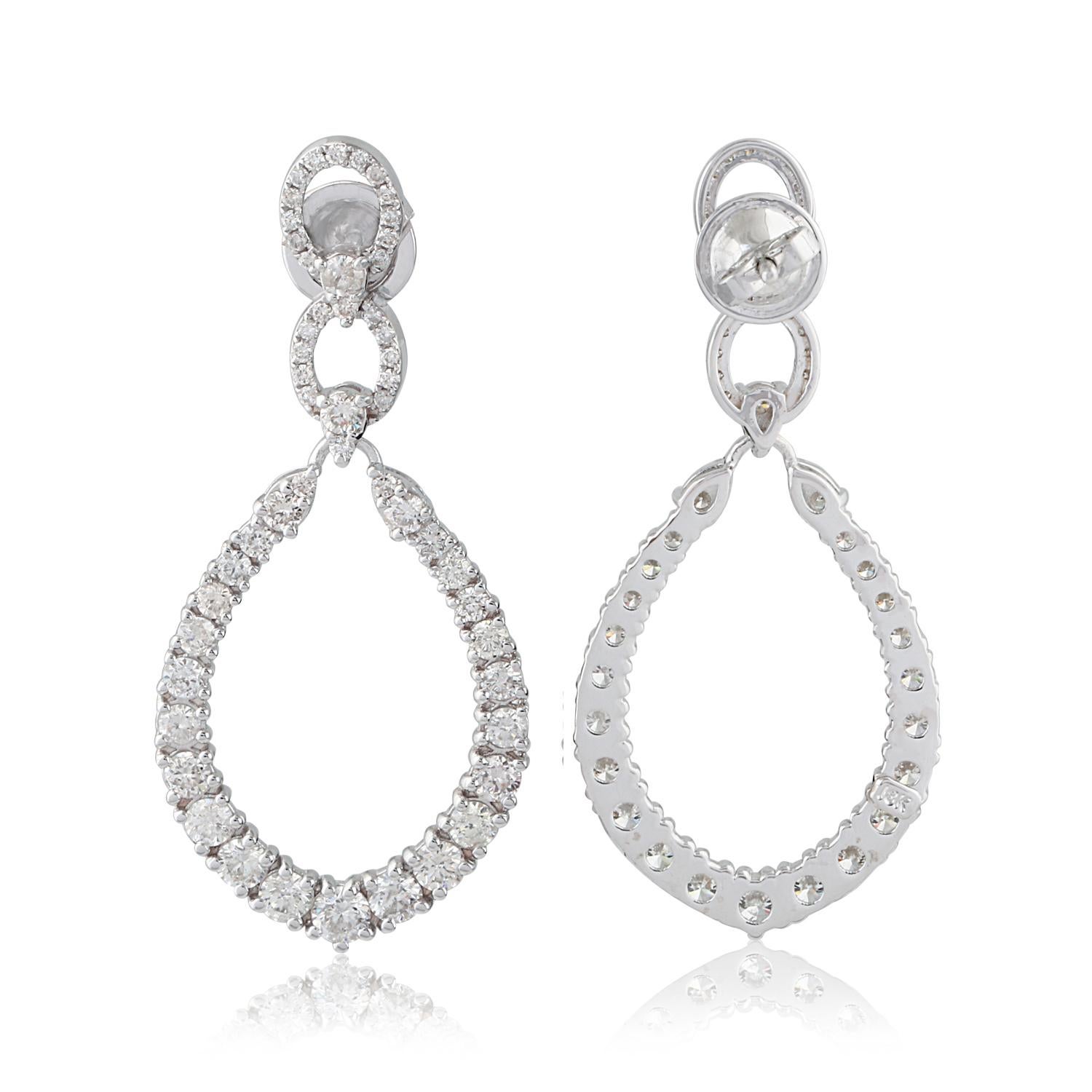 Round Cut Natural 3.3 Carat Diamond Dangle Earrings 18 Karat White Gold Handmade Jewelry For Sale