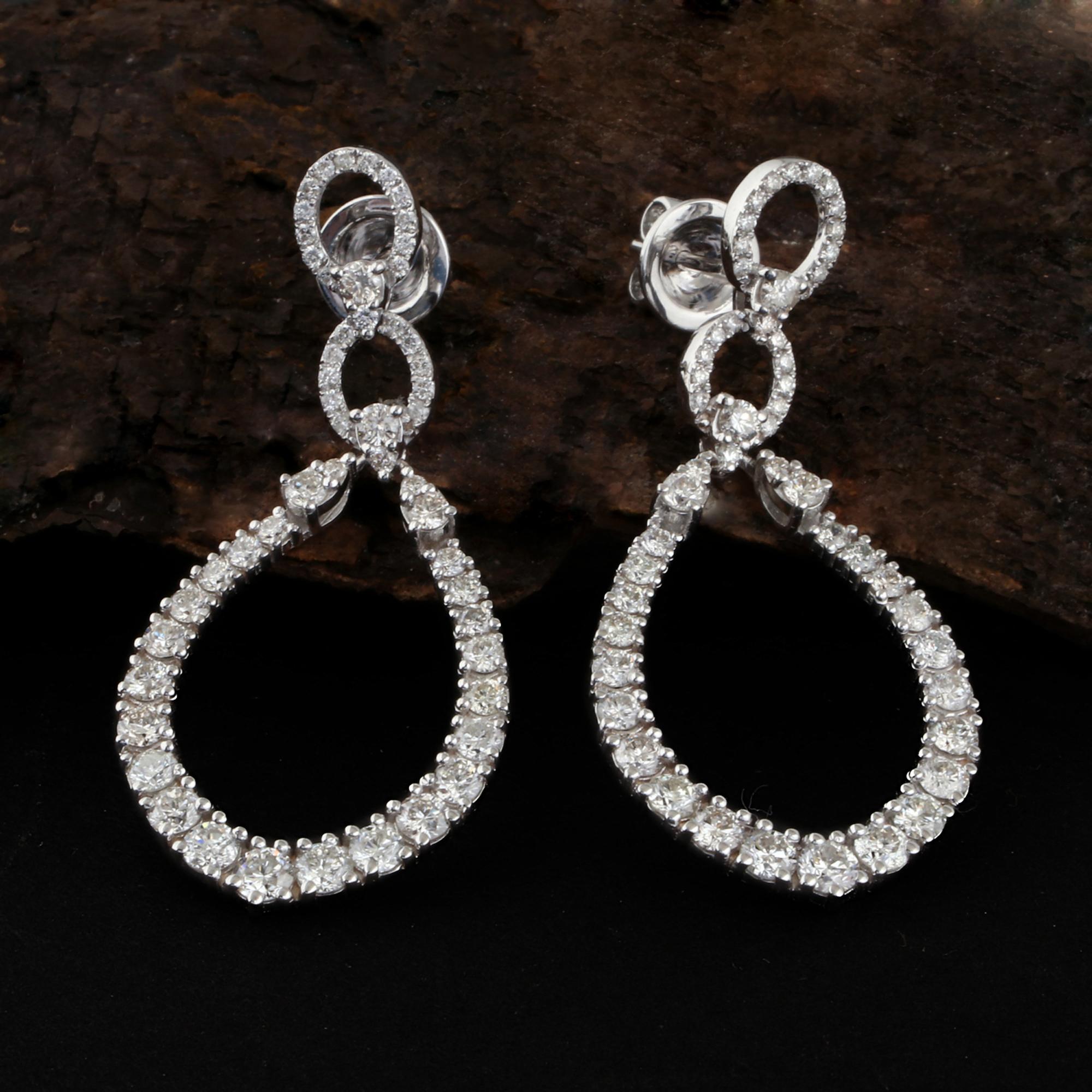 Natural 3.3 Carat Diamond Dangle Earrings 18 Karat White Gold Handmade Jewelry For Sale 1