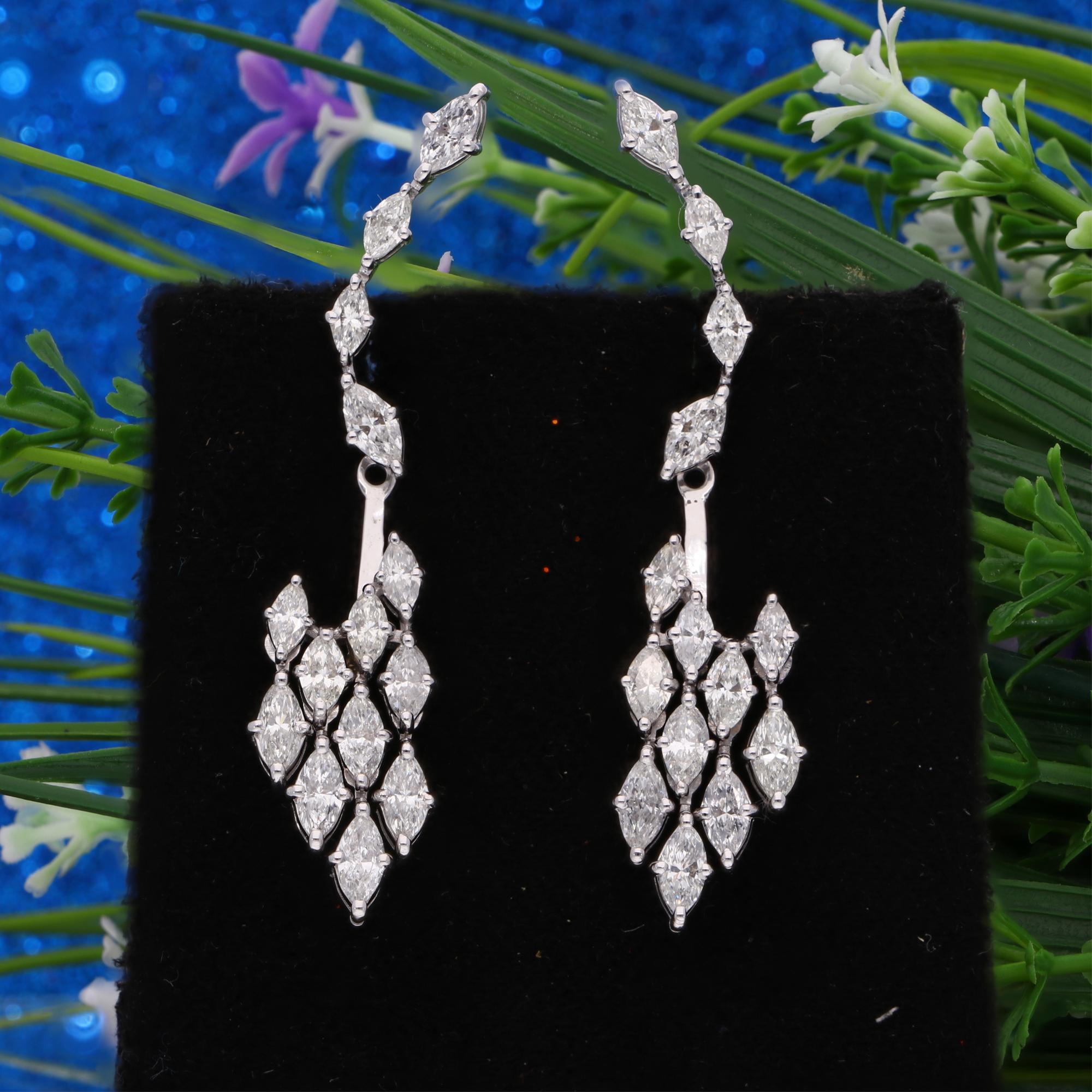 Taglio marquise Orecchini a pendente con diamanti naturali a grappolo da 3,3 carati SI/H Oro bianco 14 carati in vendita