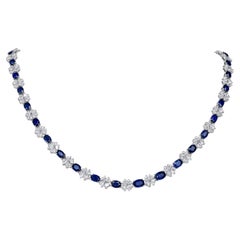Natural 33.03 Ct TW Oval-Cut Vivid Blue Sapphire & Diamond Necklace, 18K Gold