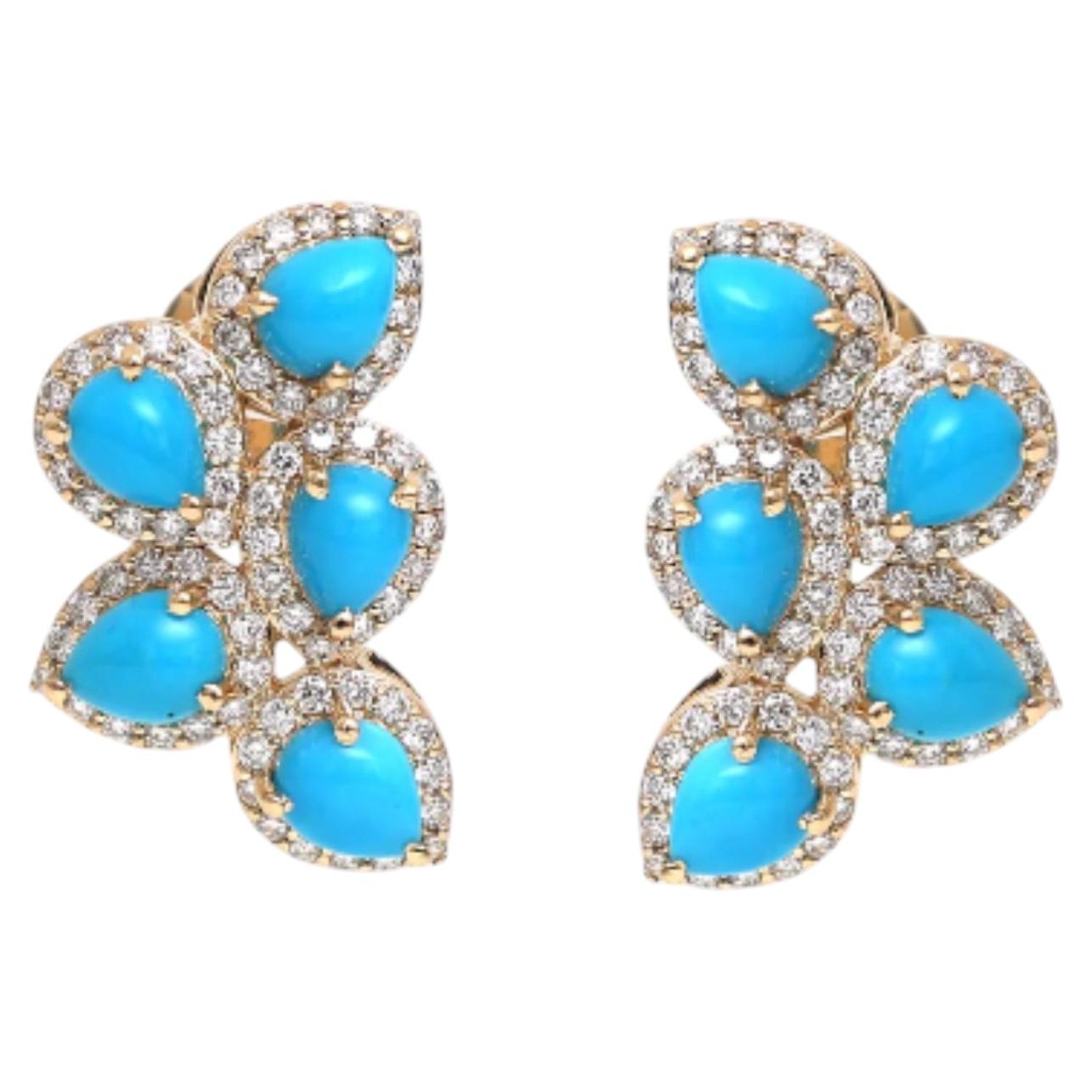 Natural 3.32cts Turquoise & 0.85cts Diamond Earring in 14k Gold
