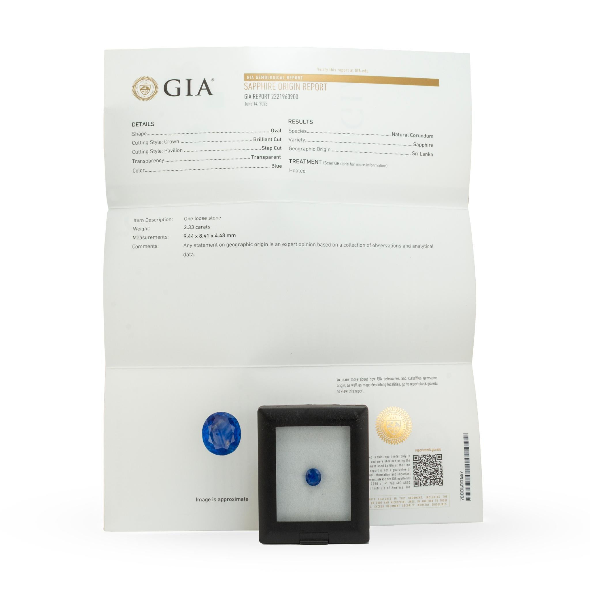 Zafiro suelto azul de Ceilán natural de 3,33 ct Gia talla ovalada de Sri Lanka en venta 2