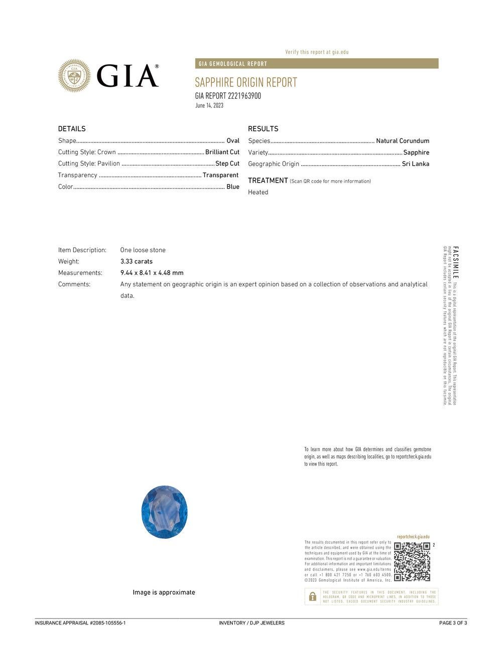 Zafiro suelto azul de Ceilán natural de 3,33 ct Gia talla ovalada de Sri Lanka en venta 3