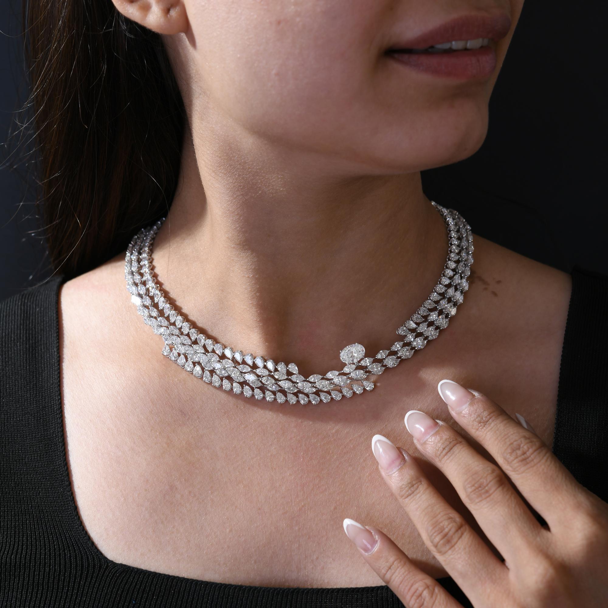 Round Cut Natural 33.51 Carat SI Clarity HI Color Diamond Necklace 14 Karat White Gold For Sale