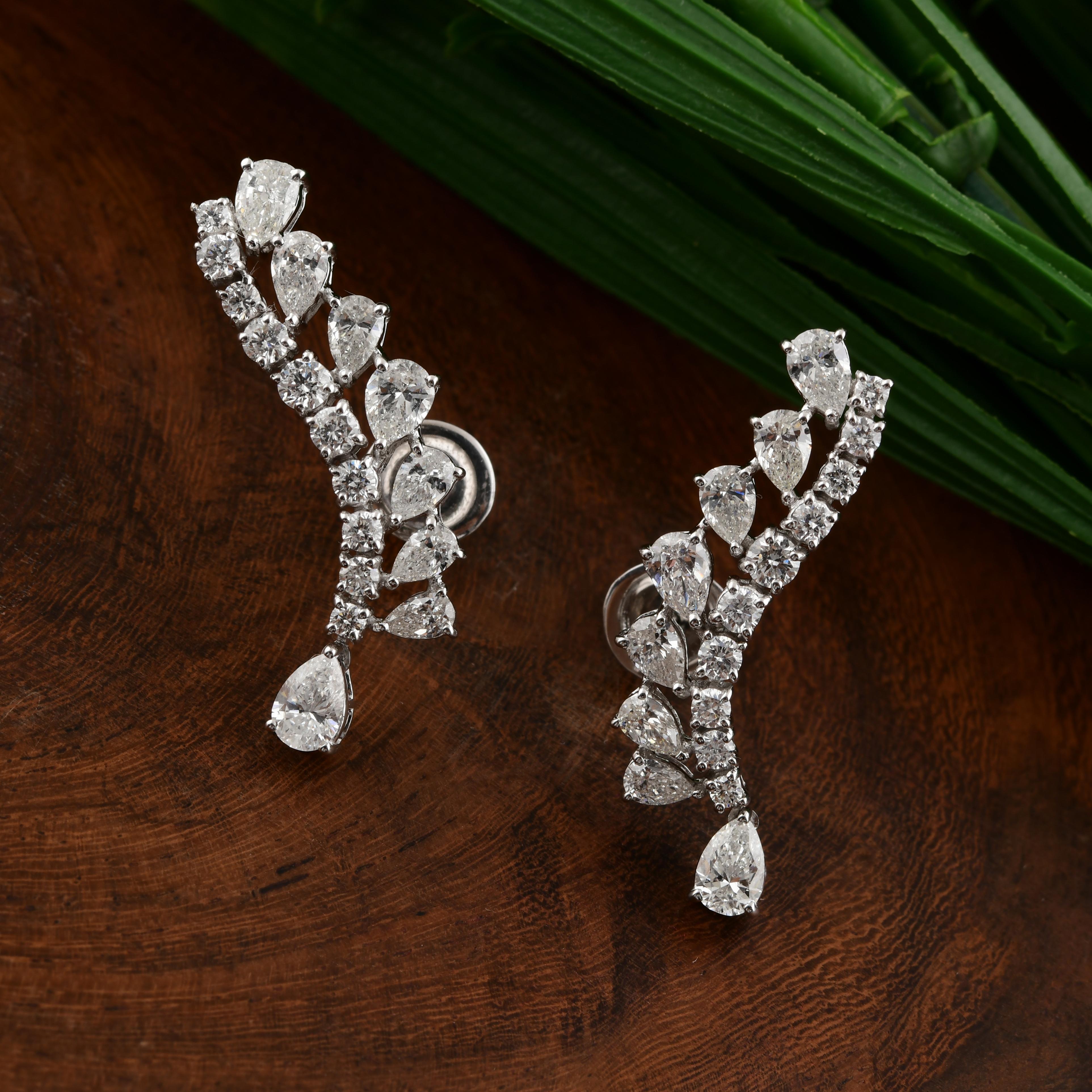 Taille mixte Boucles d'oreilles Nature 3.37 CTW Diamond Curved Ear Climber Drop Earrings 18k White Gold en vente