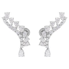 Natural 3.37Ct Diamond Curved Ear Climber Drop Earrings 14k White Gold