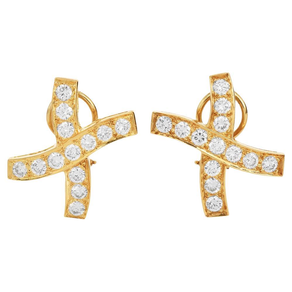 Natural 3.38 Carat Diamond 18K Crisscross Earrings