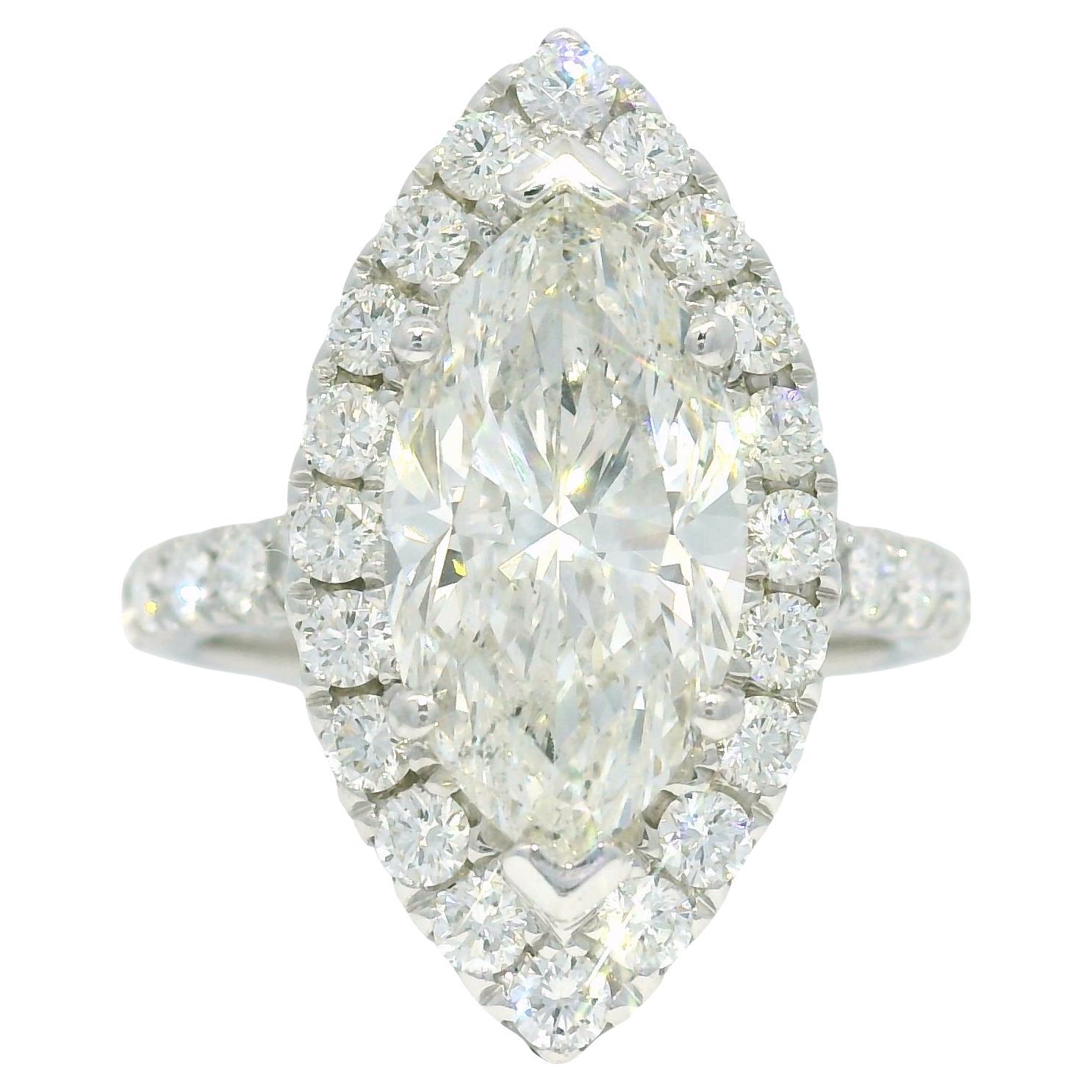 Natural 3.39 Carat Marquise Cut Diamond Halo 18-Karat Engagement Ring In Stock
