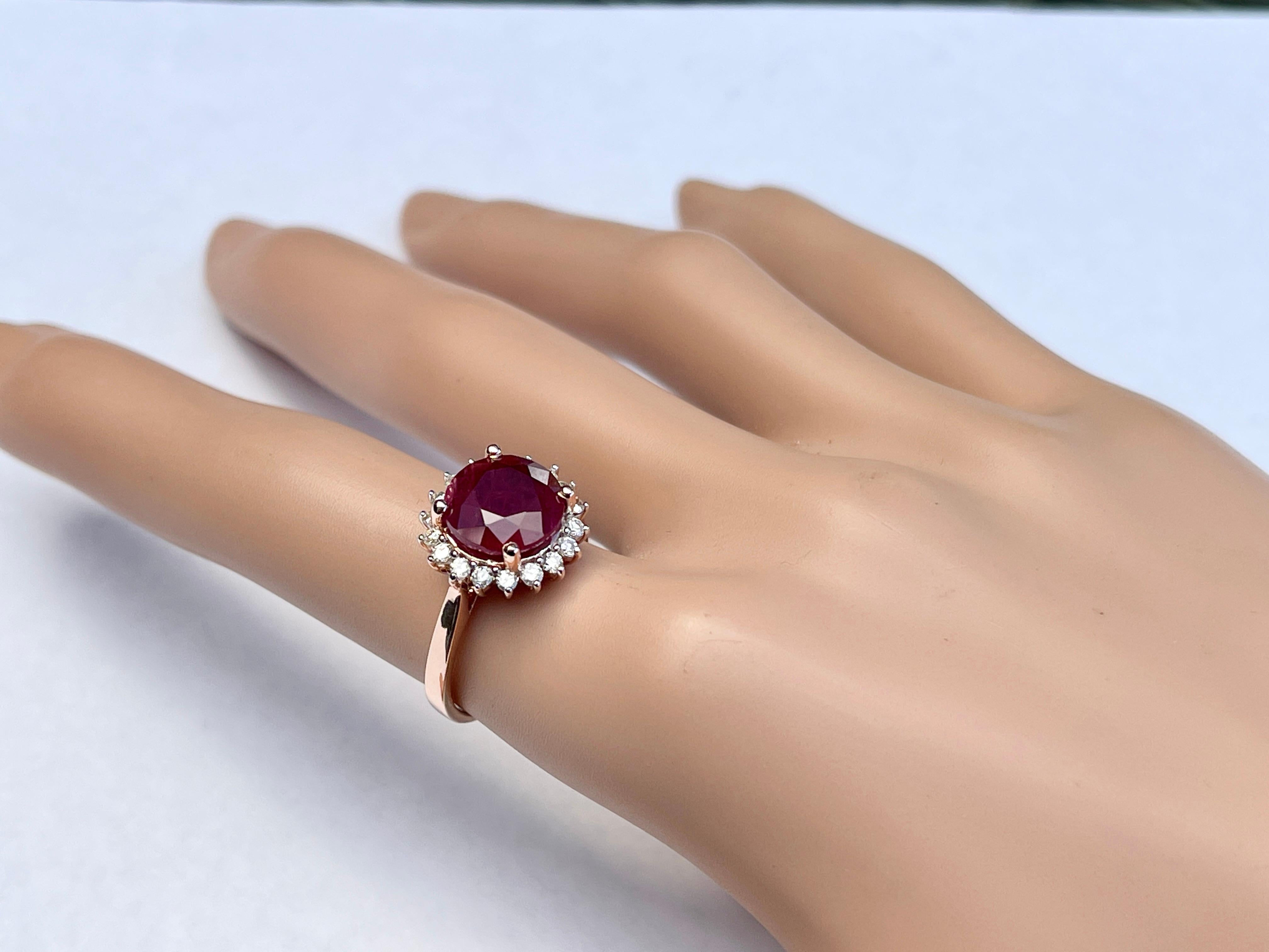 Natural 3.3 Carat Ruby and Diamond Halo Ring 14 Carat Rose Gold with Valuation For Sale 3