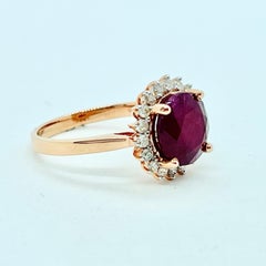 Natural 3.3 Carat Ruby and Diamond Halo Ring 14 Carat Rose Gold with Valuation
