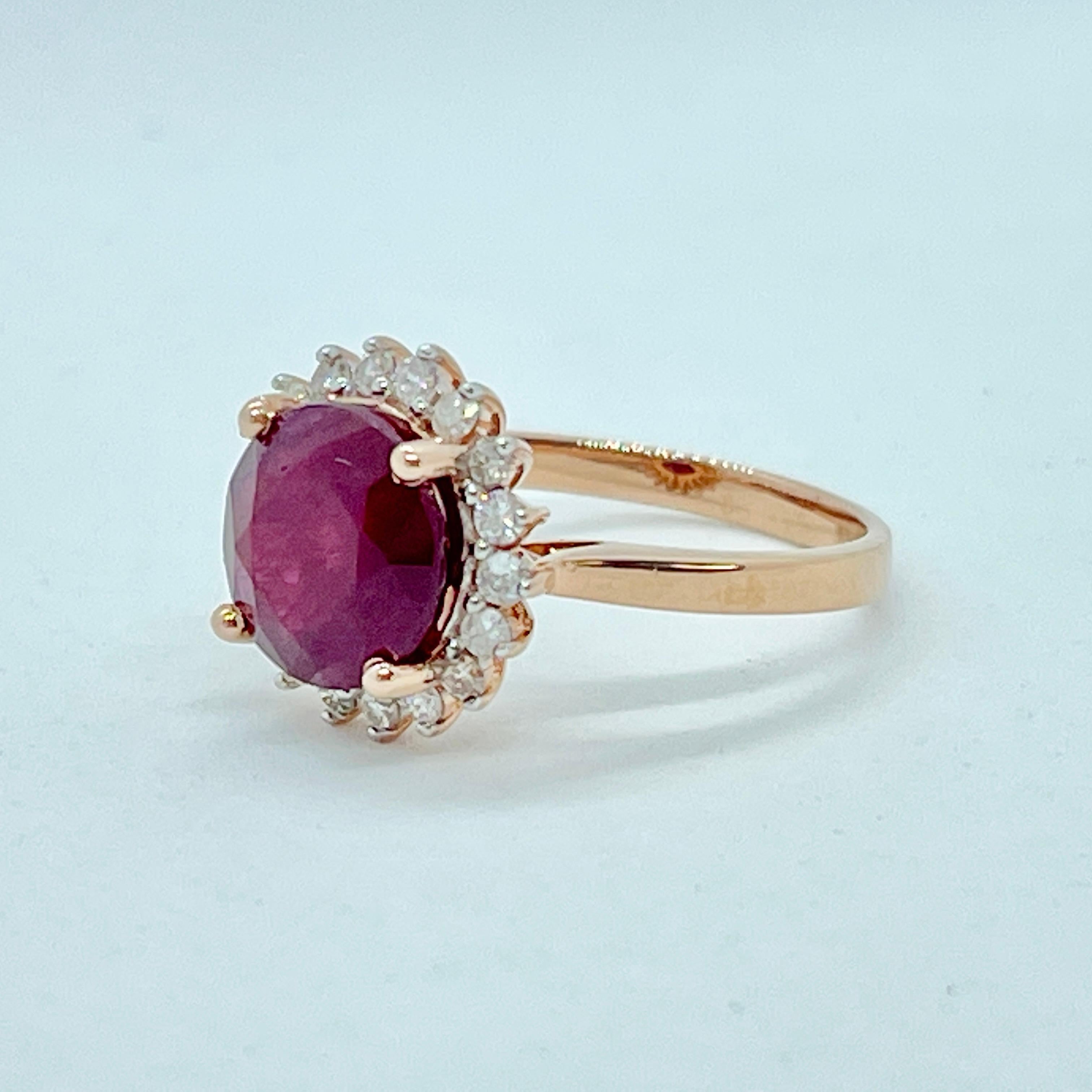 Modern Natural 3.3 Carat Ruby and Diamond Halo Ring 14 Carat Rose Gold with Valuation For Sale
