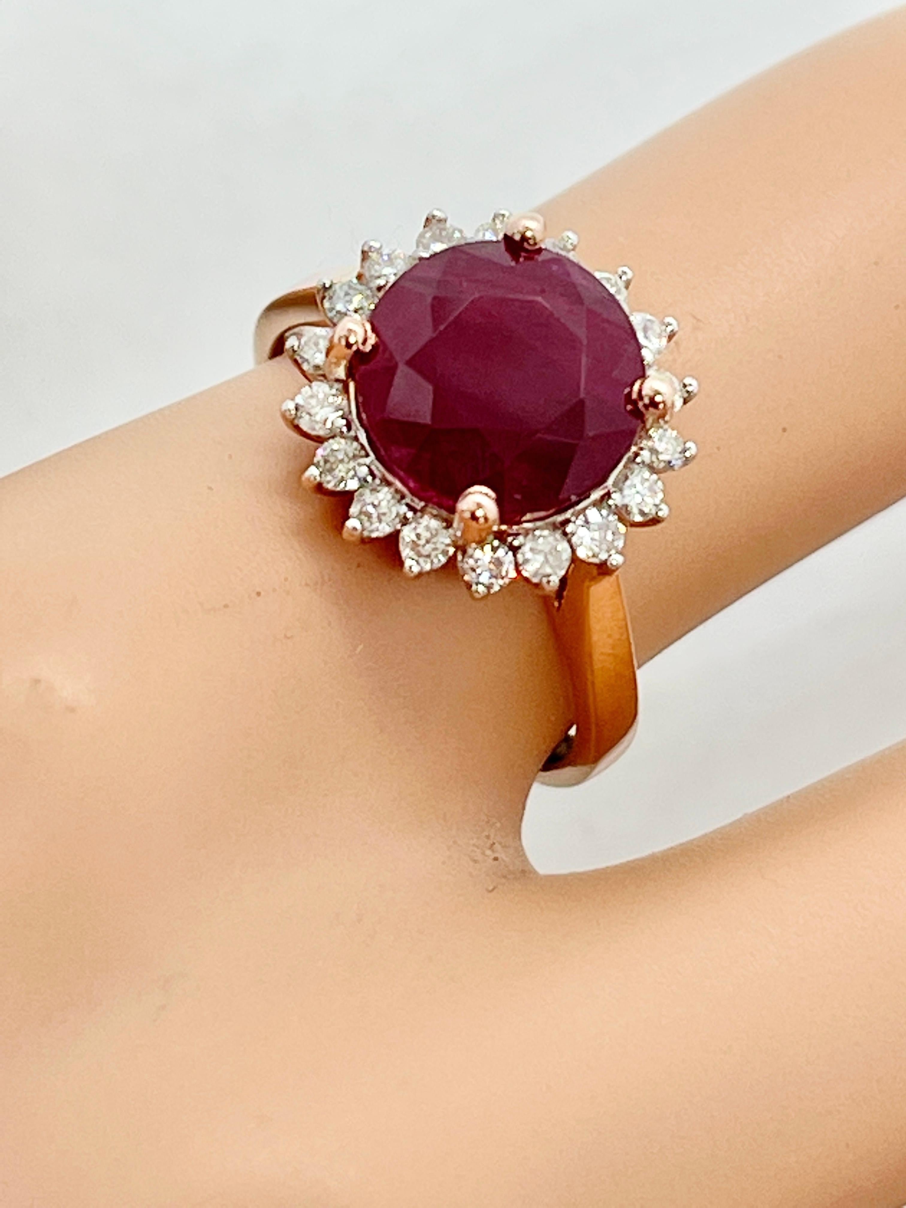 Round Cut Natural 3.3 Carat Ruby and Diamond Halo Ring 14 Carat Rose Gold with Valuation For Sale
