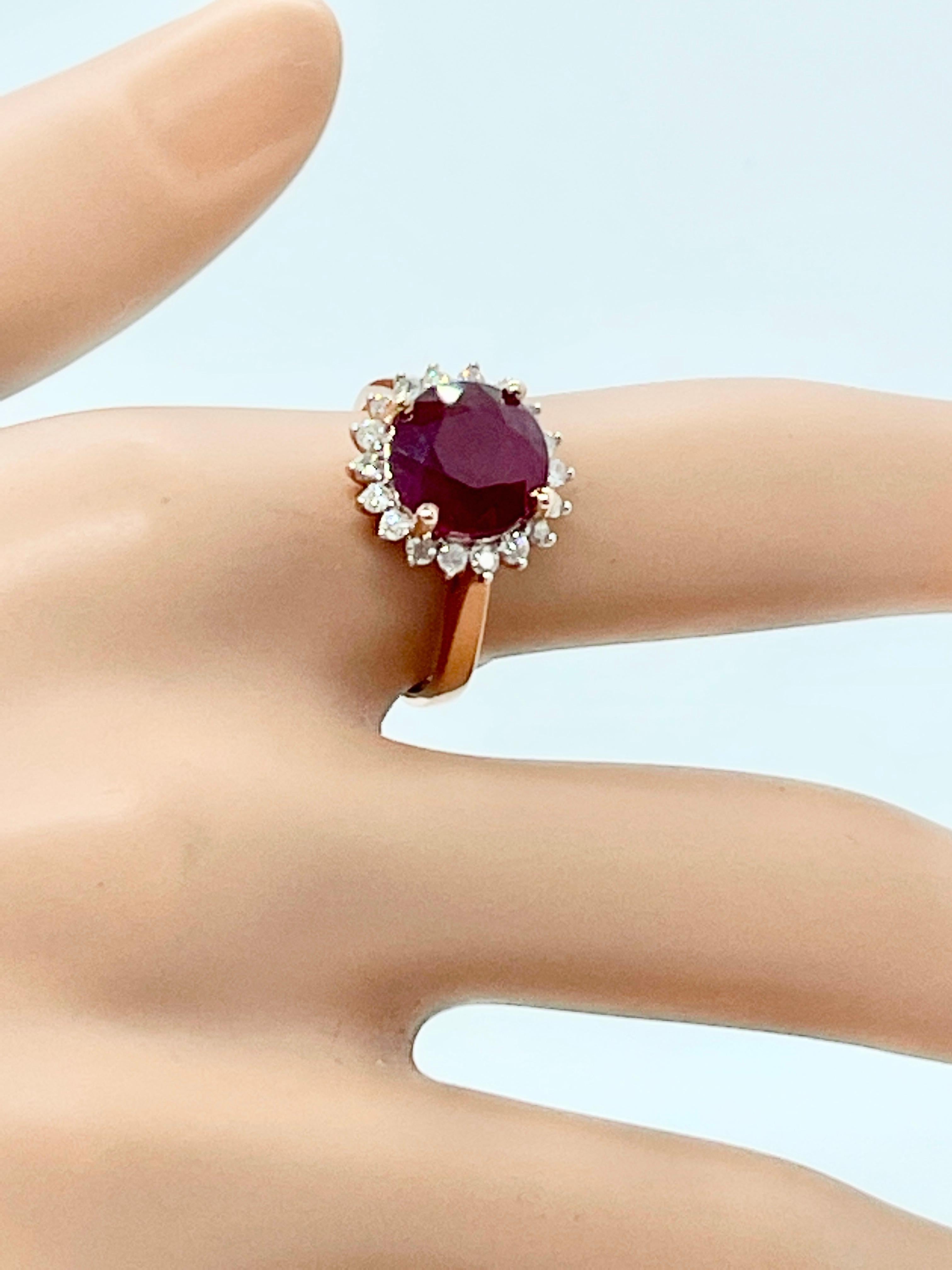 Women's Natural 3.3 Carat Ruby and Diamond Halo Ring 14 Carat Rose Gold with Valuation For Sale