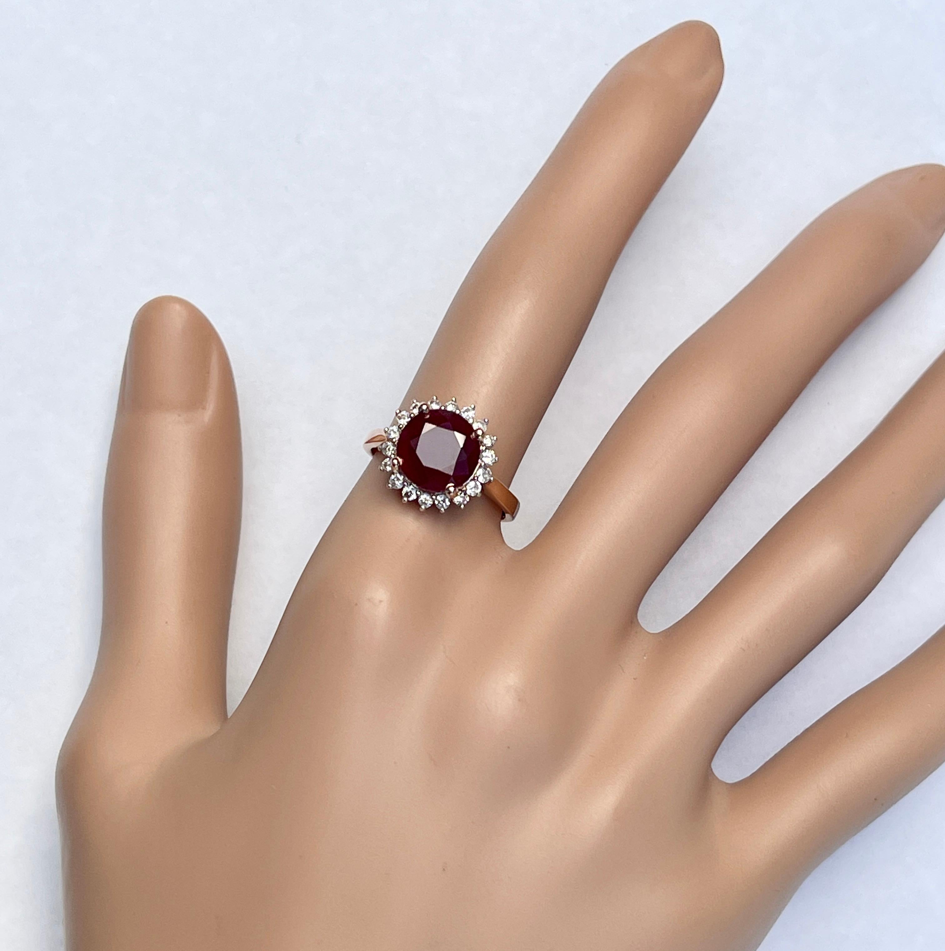 Natural 3.3 Carat Ruby and Diamond Halo Ring 14 Carat Rose Gold with Valuation For Sale 2