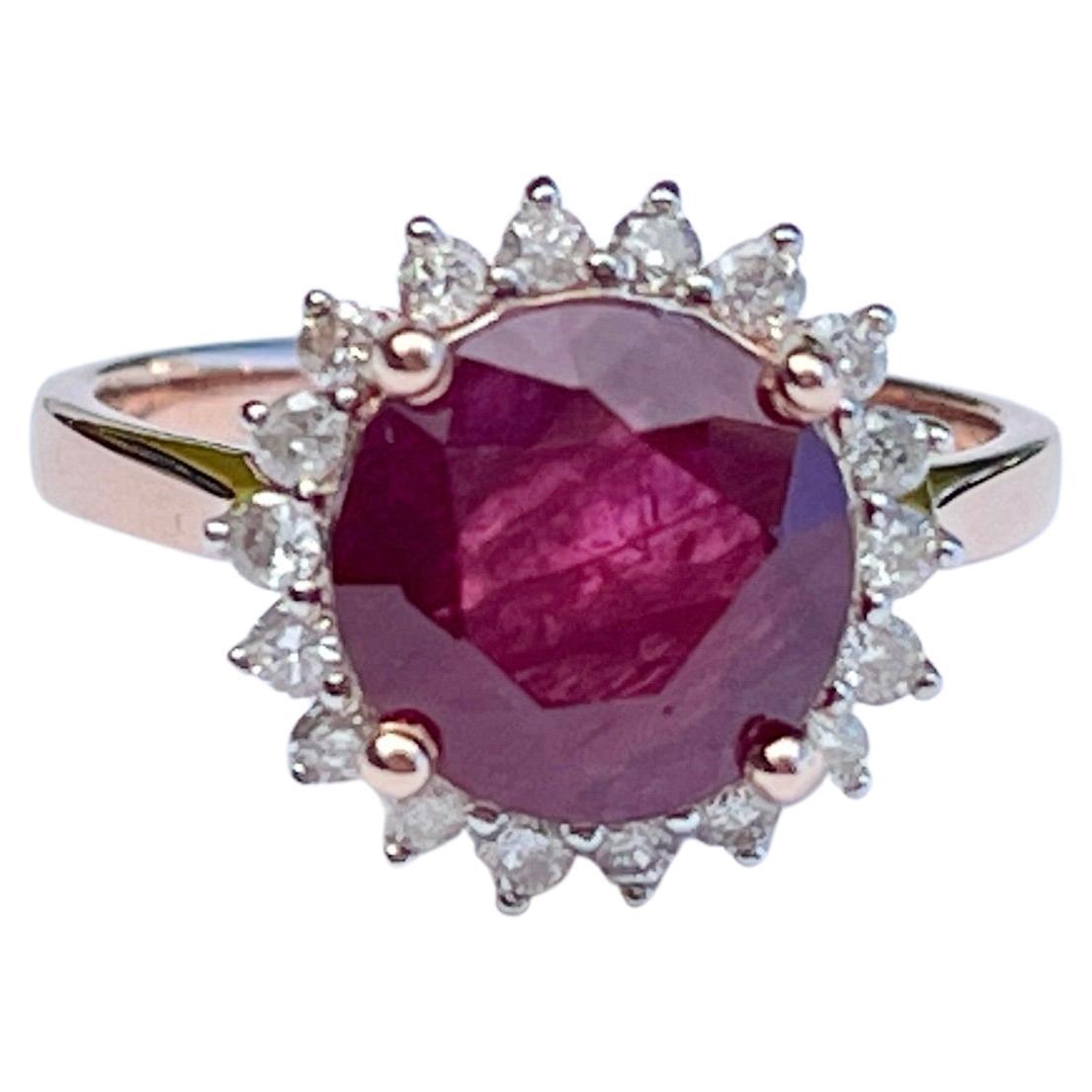 Natural 3.3 Carat Ruby and Diamond Halo Ring 14 Carat Rose Gold with Valuation For Sale