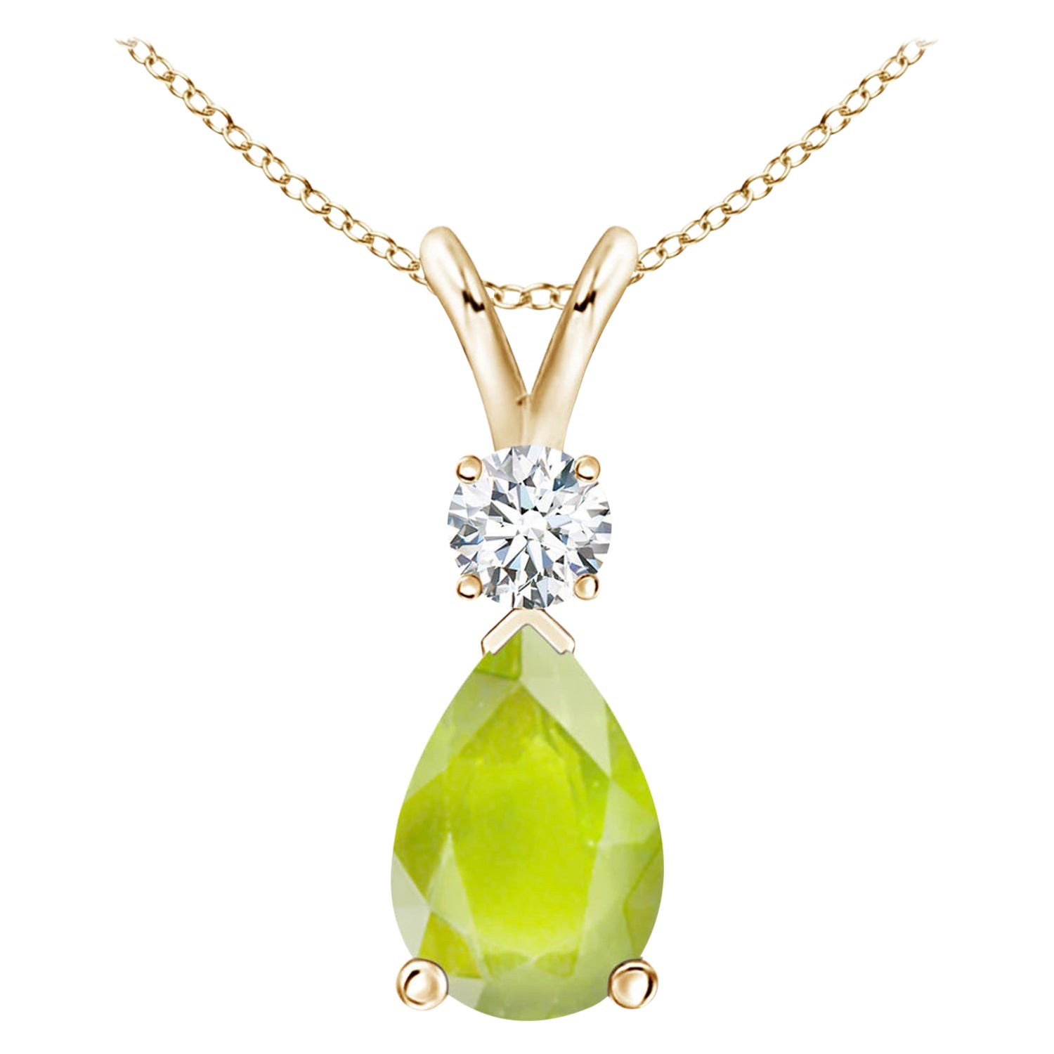 Natürlicher 3.4 Karat Peridot Tropfenanhänger mit Diamant in 14 Karat Gelbgold