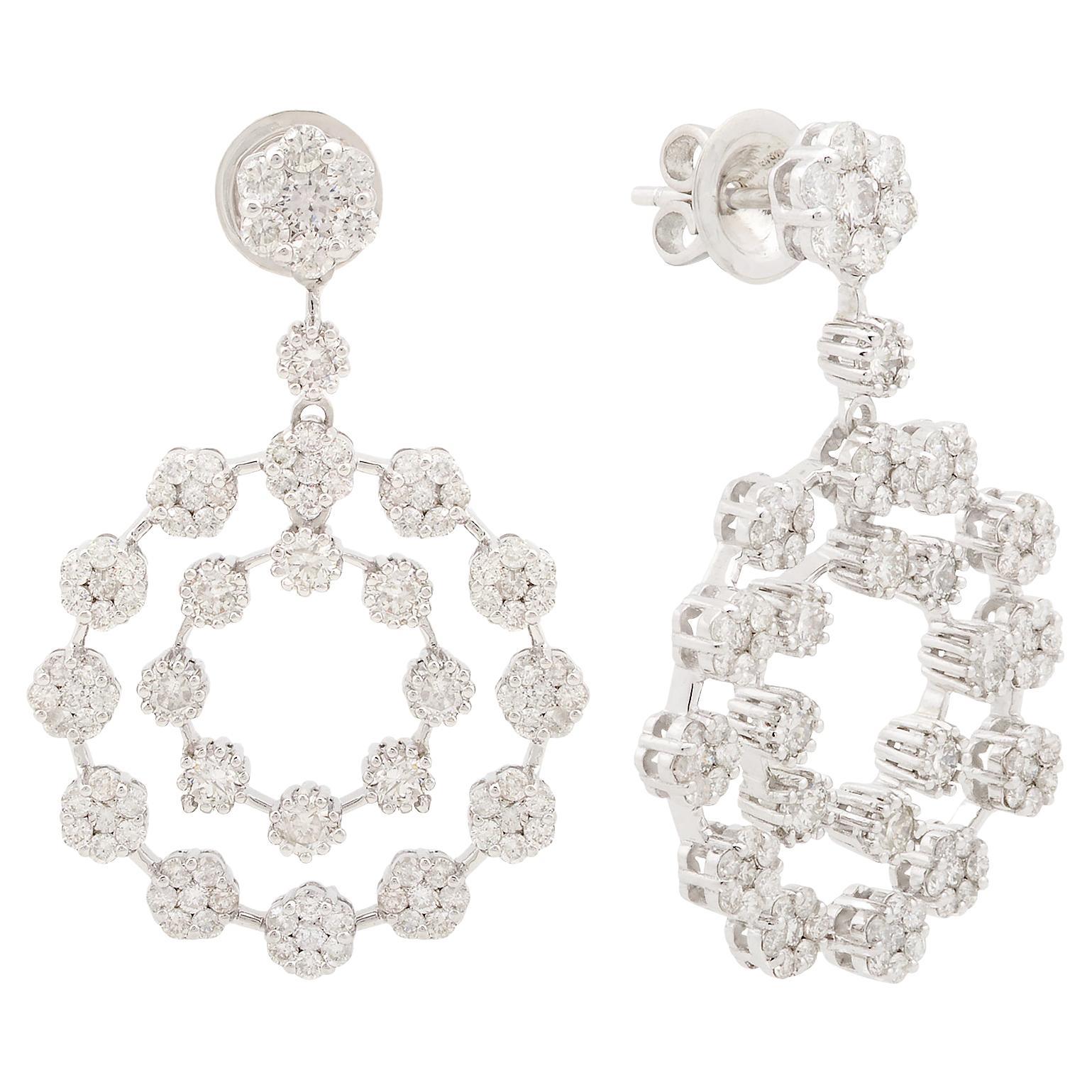 Boucles d'oreilles pendantes en diamant pavé naturel de 3,40 carats en or blanc 14k