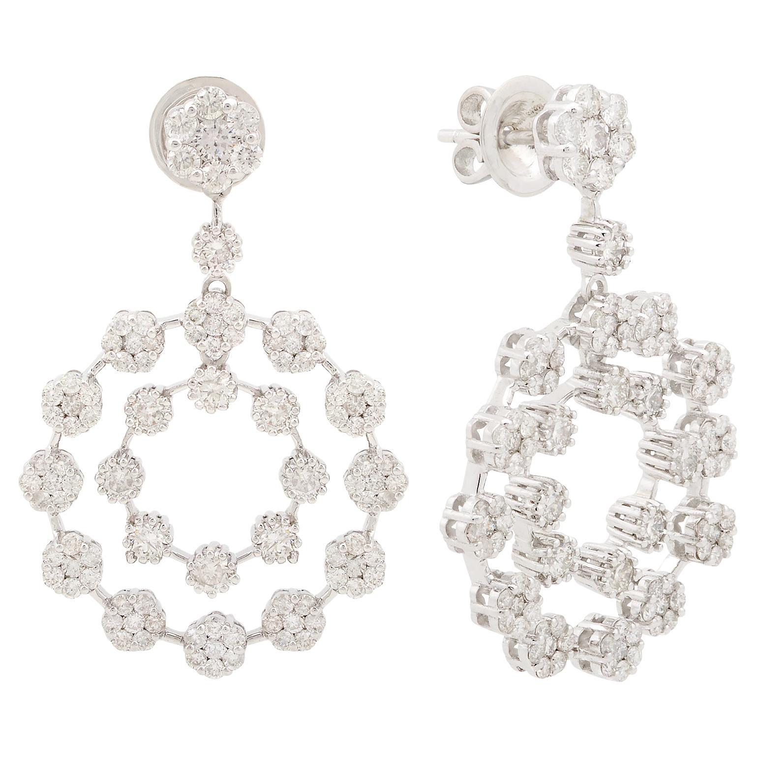 Natural 3.40 Carat Pave Diamond Dangle Earrings Solid 14k White Gold Jewelry For Sale