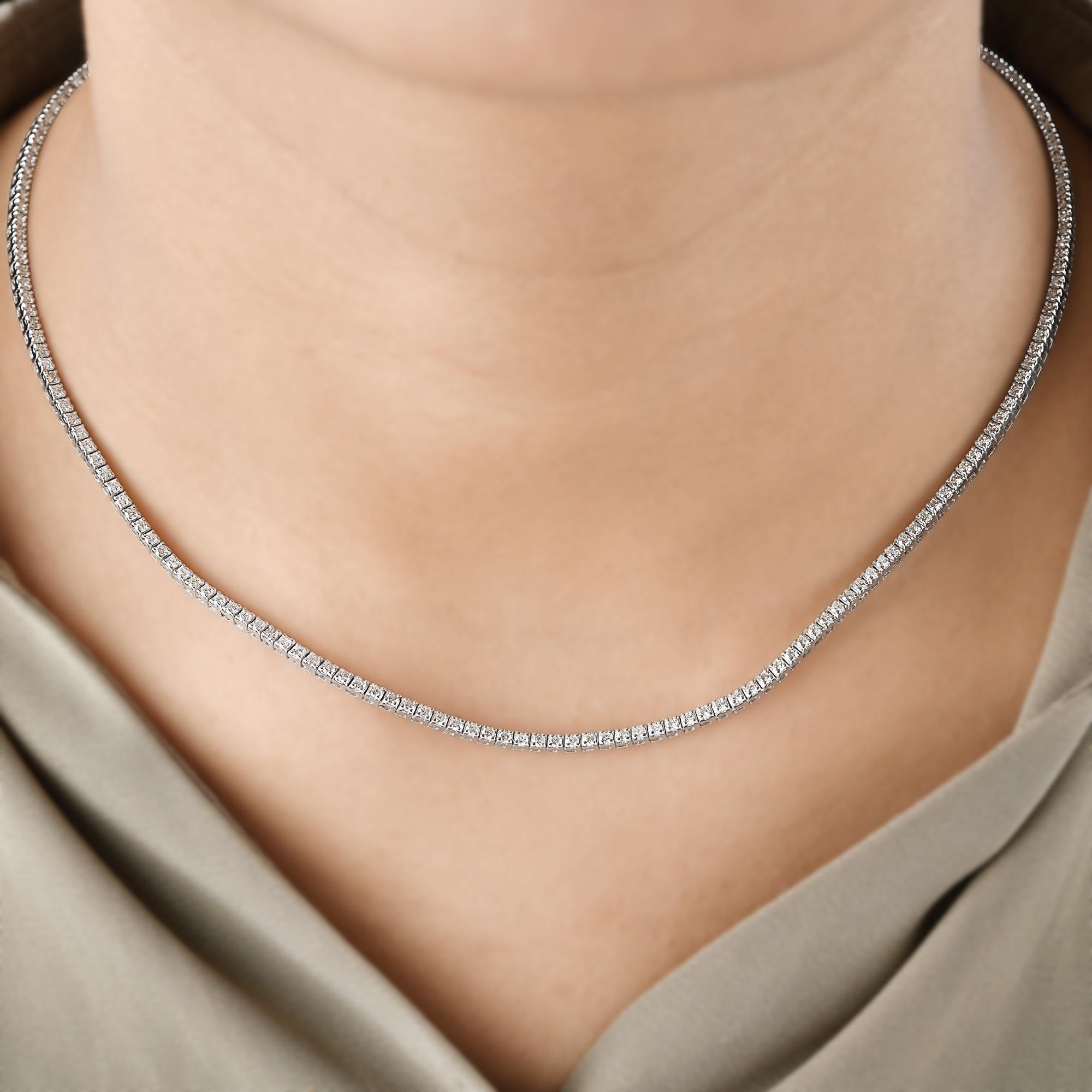 Round Cut Natural 3.40 Carat SI Clarity HI Color Diamond Tennis Necklace 10k White Gold For Sale
