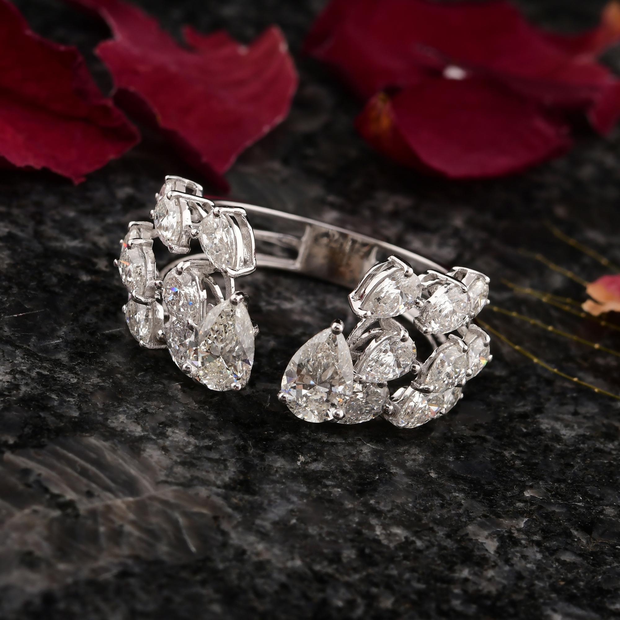 Modern Natural 3.40 Carat SI/H Pear Shape Diamond Cuff Ring 14 Karat White Gold Jewelry For Sale
