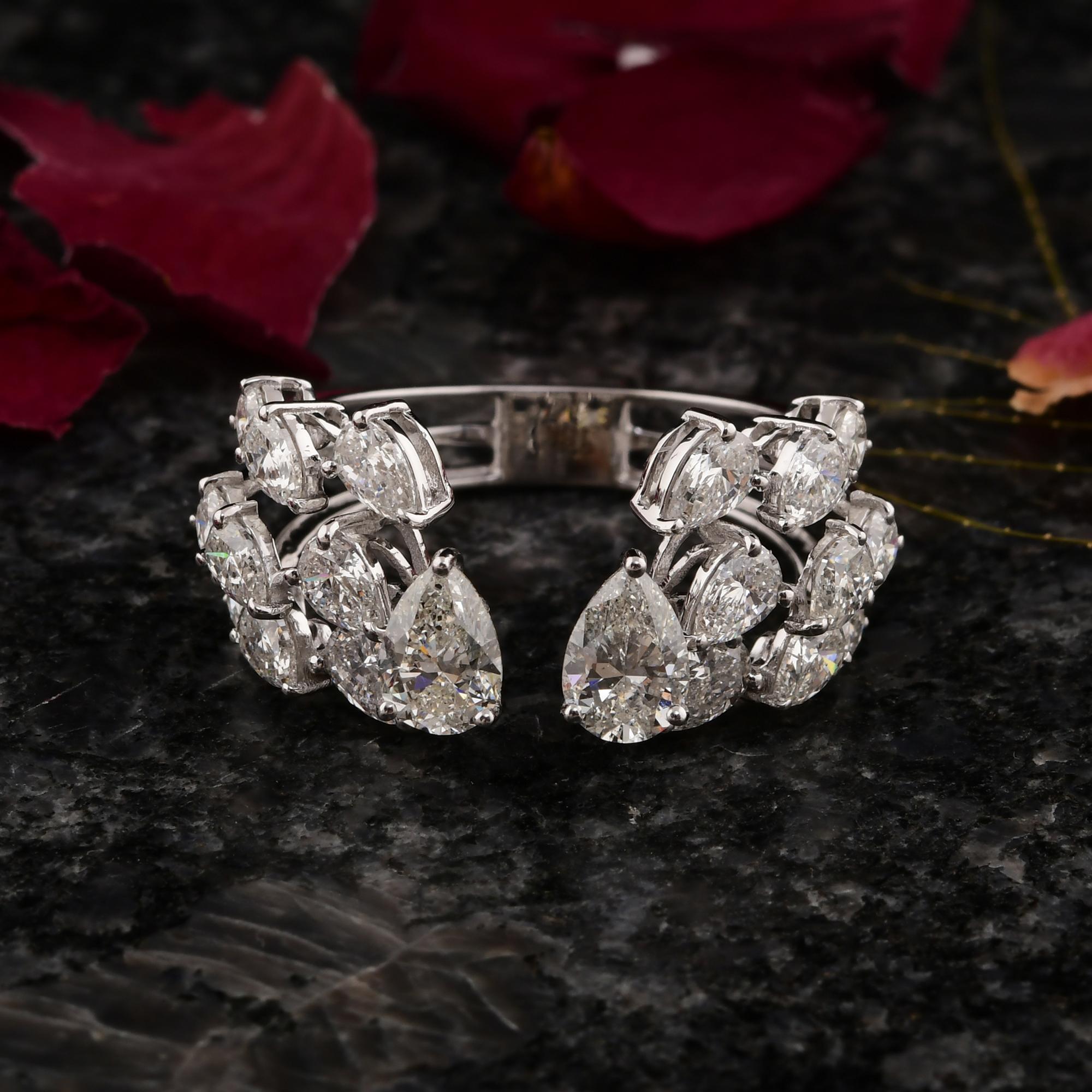 Pear Cut Natural 3.40 Carat SI/H Pear Shape Diamond Cuff Ring 14 Karat White Gold Jewelry For Sale