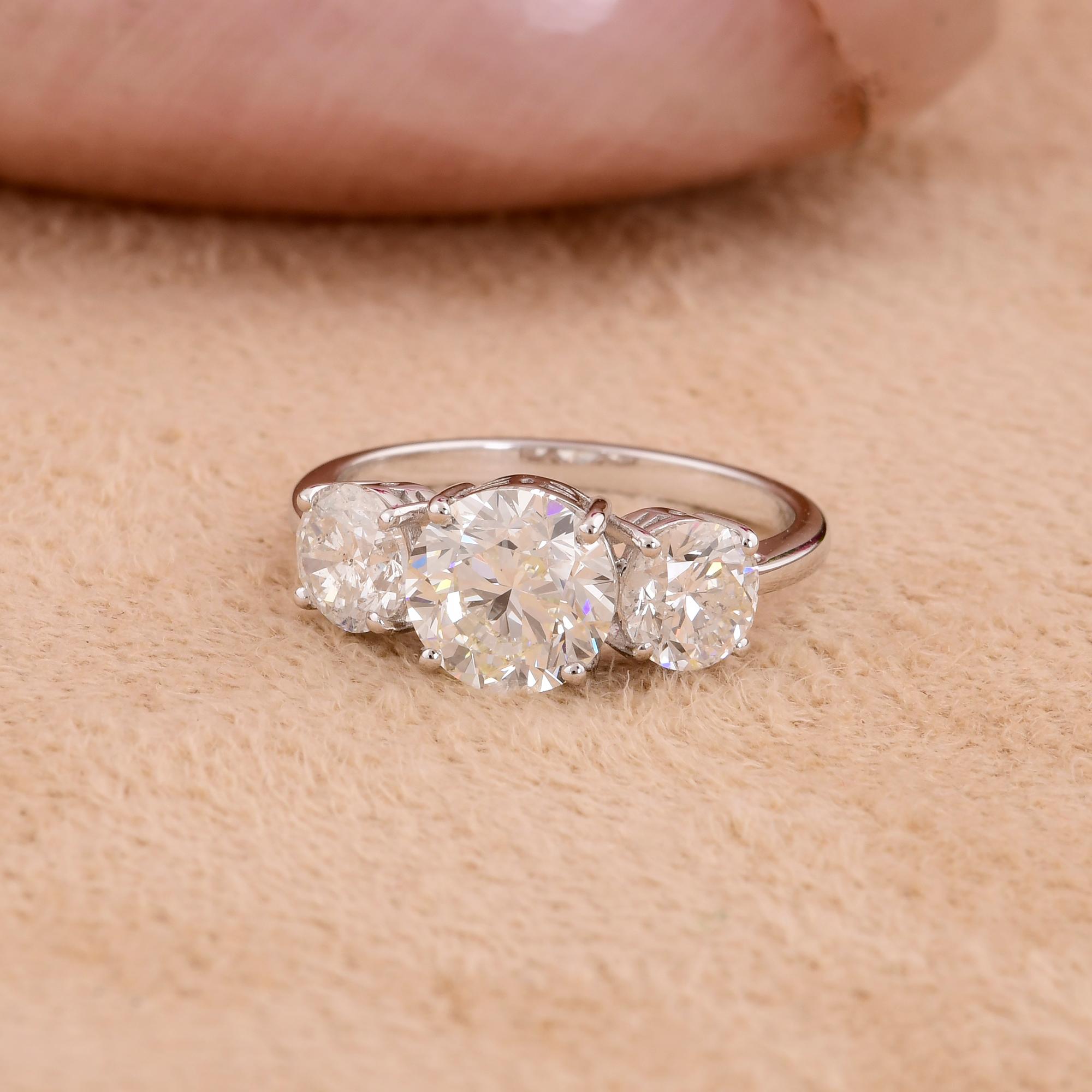 Women's Natural 3.41 Carat Round Diamond Three Stone Ring 14 Karat White Gold Jewelry For Sale