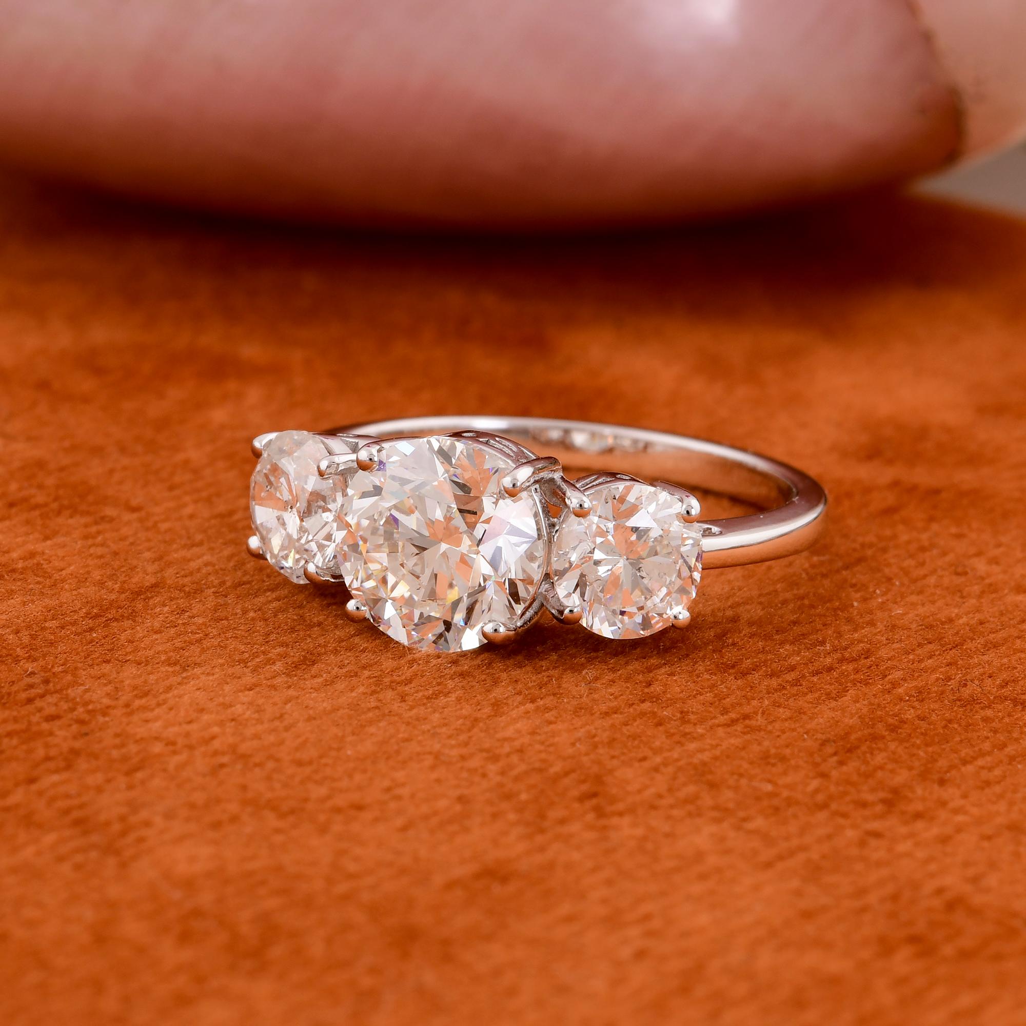 Natural 3.41 Carat Round Diamond Three Stone Ring 14 Karat White Gold Jewelry For Sale 1