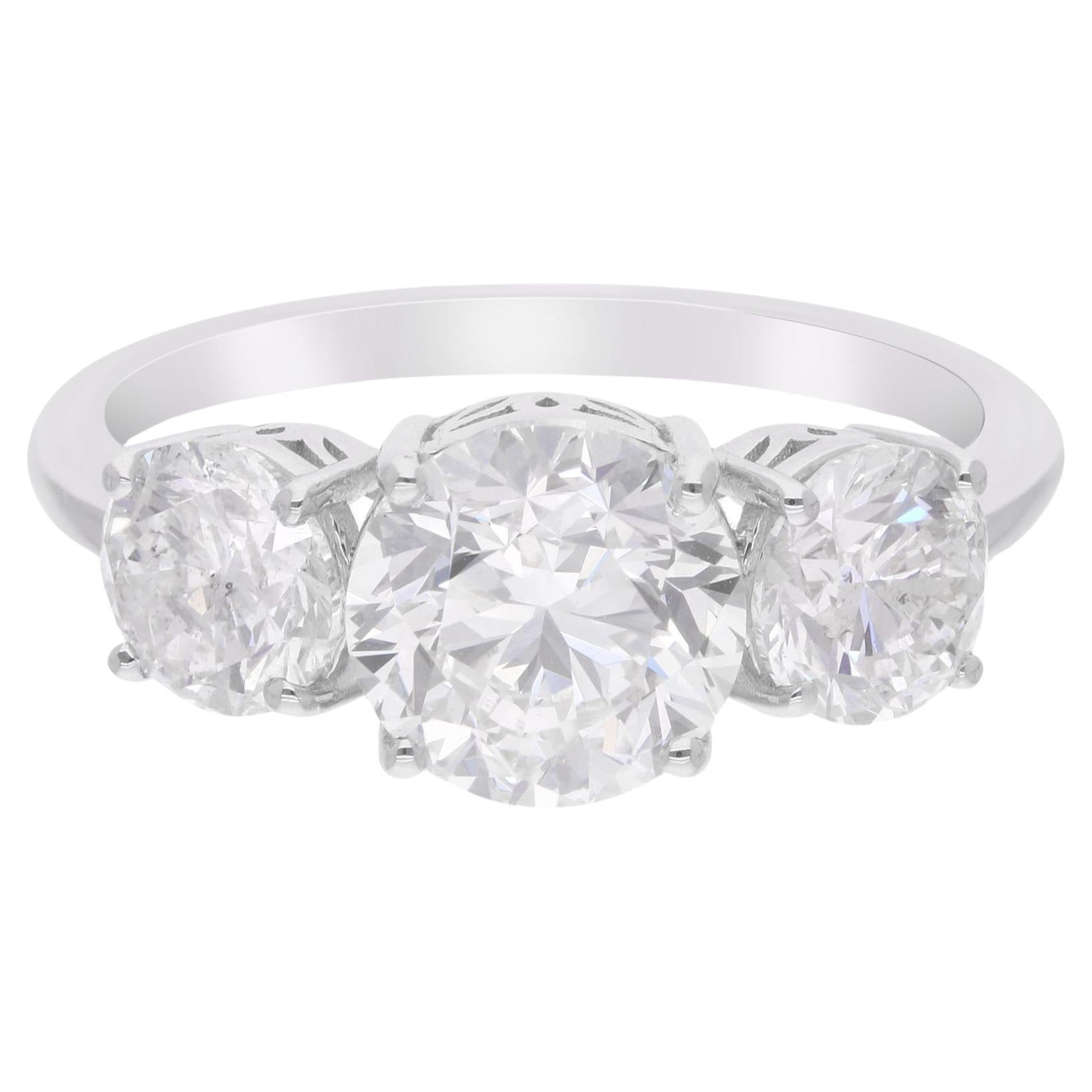 Natural 3.41 Carat Round Diamond Three Stone Ring 14 Karat White Gold Jewelry For Sale