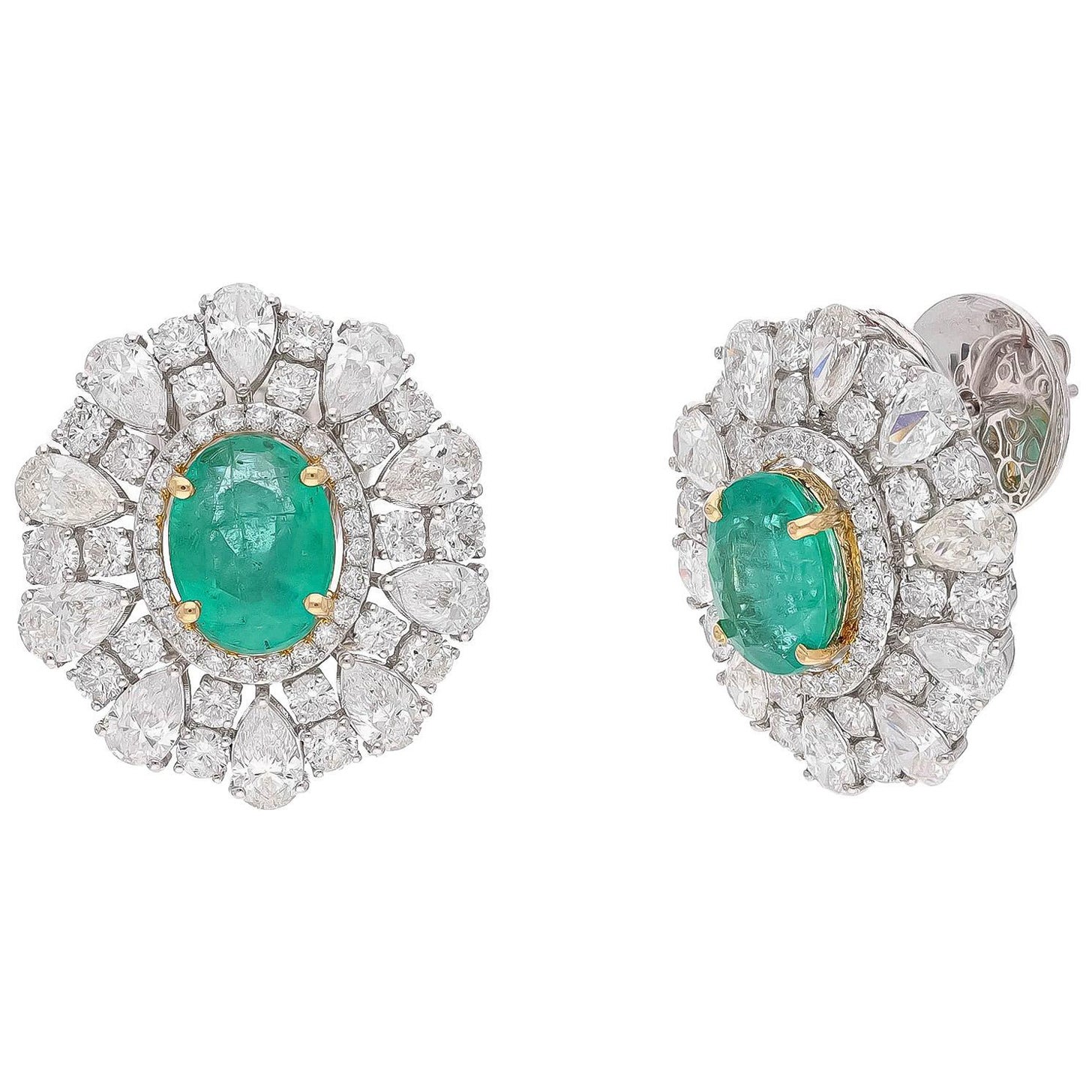 18K Gold Emerald and Diamond Stud Earrings, 3.42ct & 5.49ct