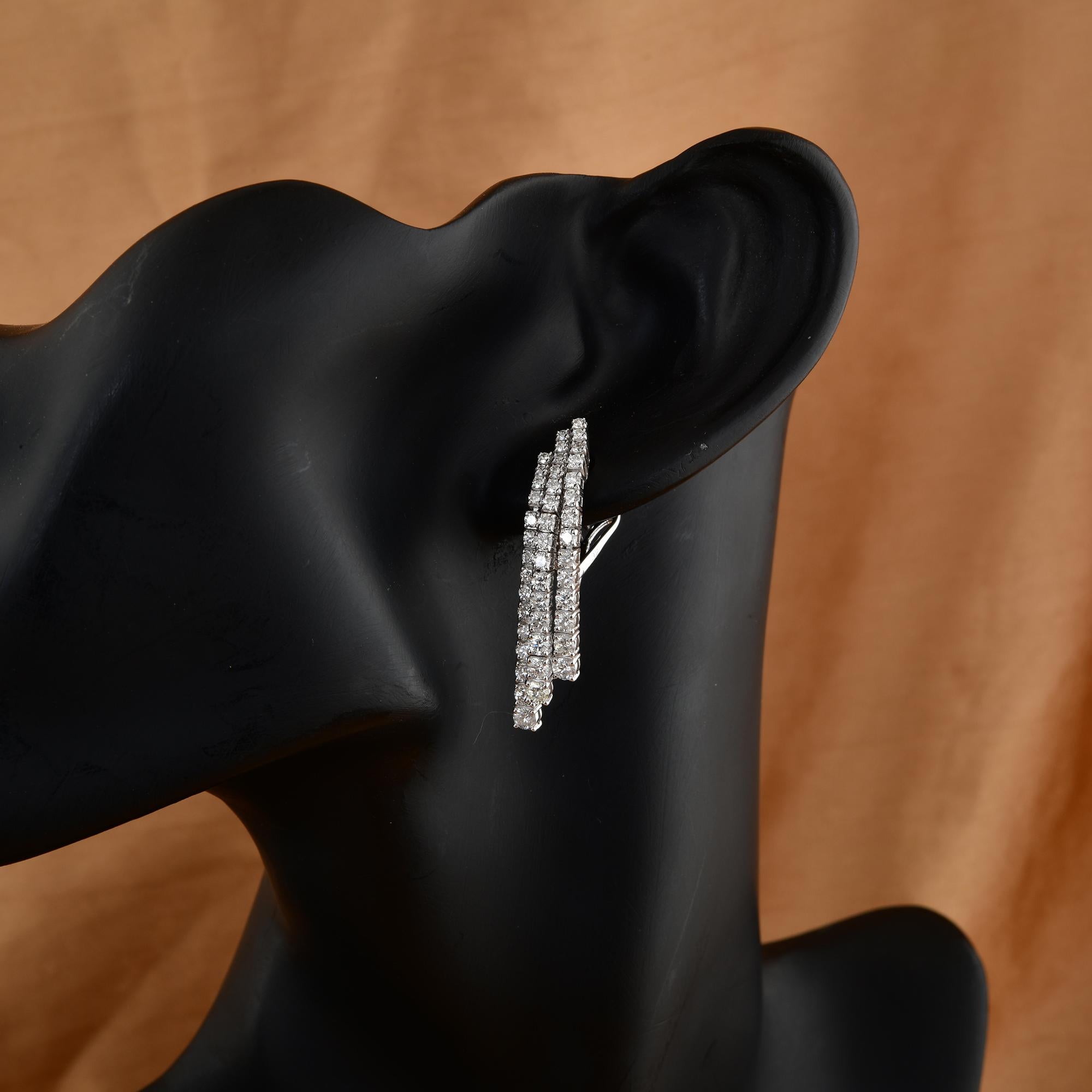 Modern Natural 3.46 Carat Round Diamond Three Line Earrings 18 Karat White Gold Jewelry For Sale
