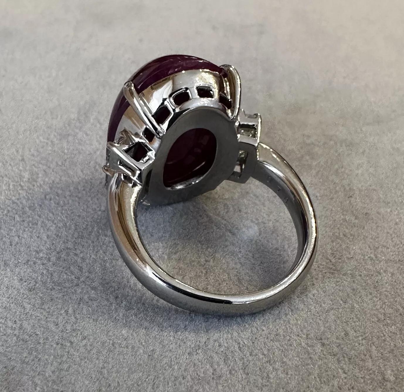 Natural 34.75 carat Star Ruby Cabochon and Diamond Ring in Platinum For Sale 2