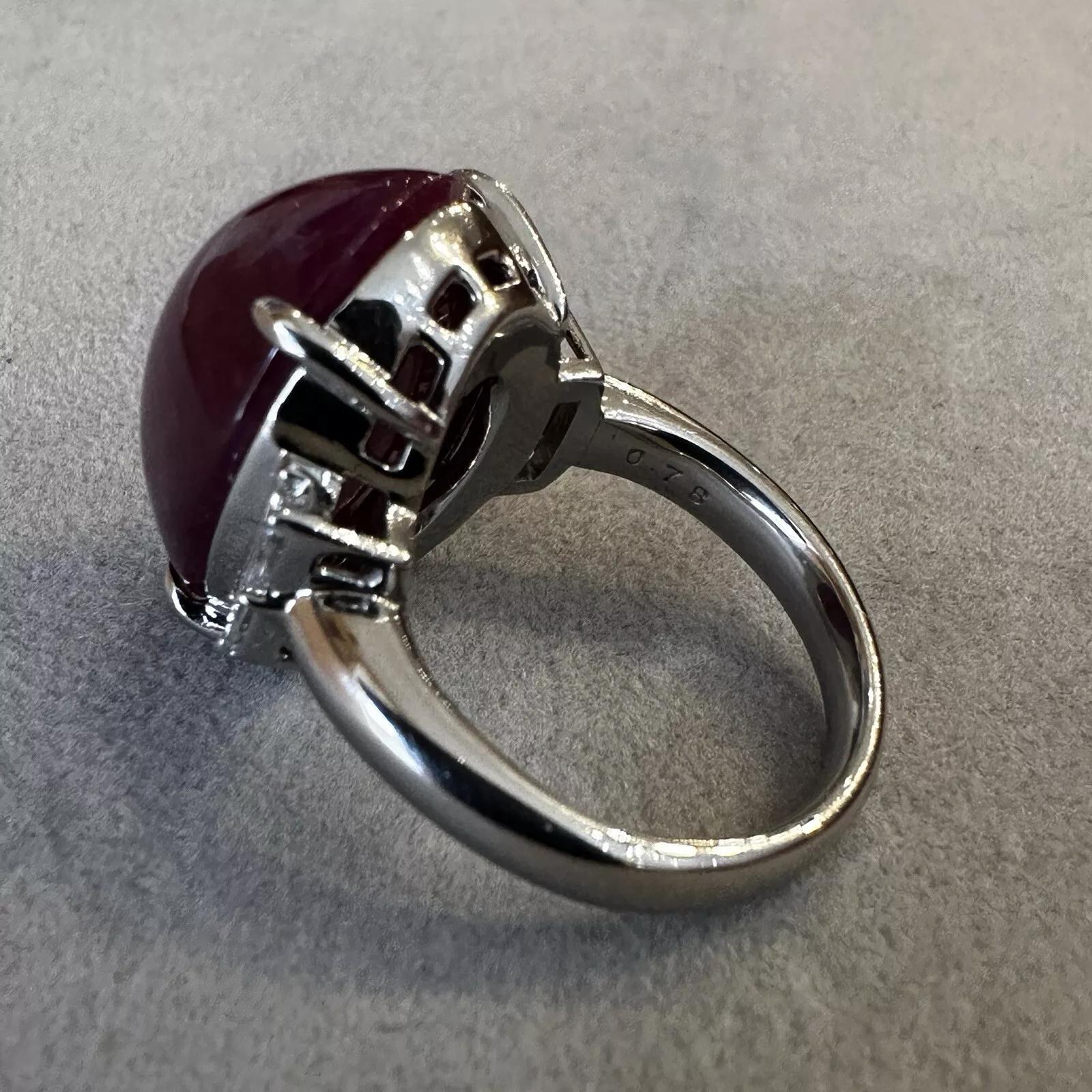 Natural 34.75 carat Star Ruby Cabochon and Diamond Ring in Platinum For Sale 3