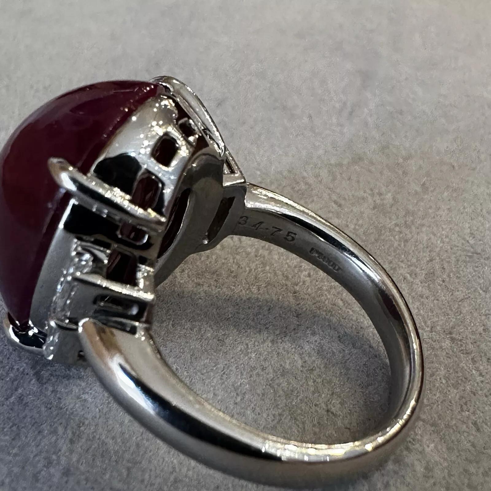 Natural 34.75 carat Star Ruby Cabochon and Diamond Ring in Platinum For Sale 4