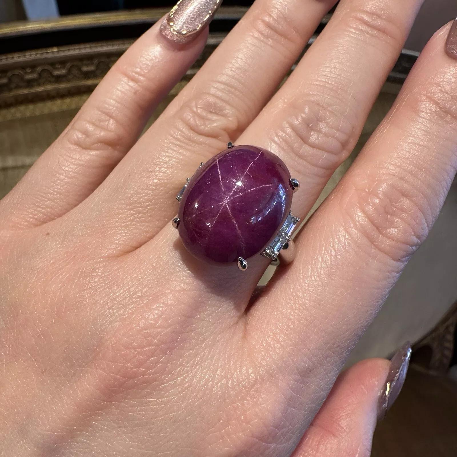Natural 34.75 carat Star Ruby Cabochon and Diamond Ring in Platinum For Sale 5