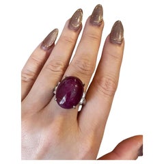 Natural 34.75 carat Star Ruby Cabochon and Diamond Ring in Platinum