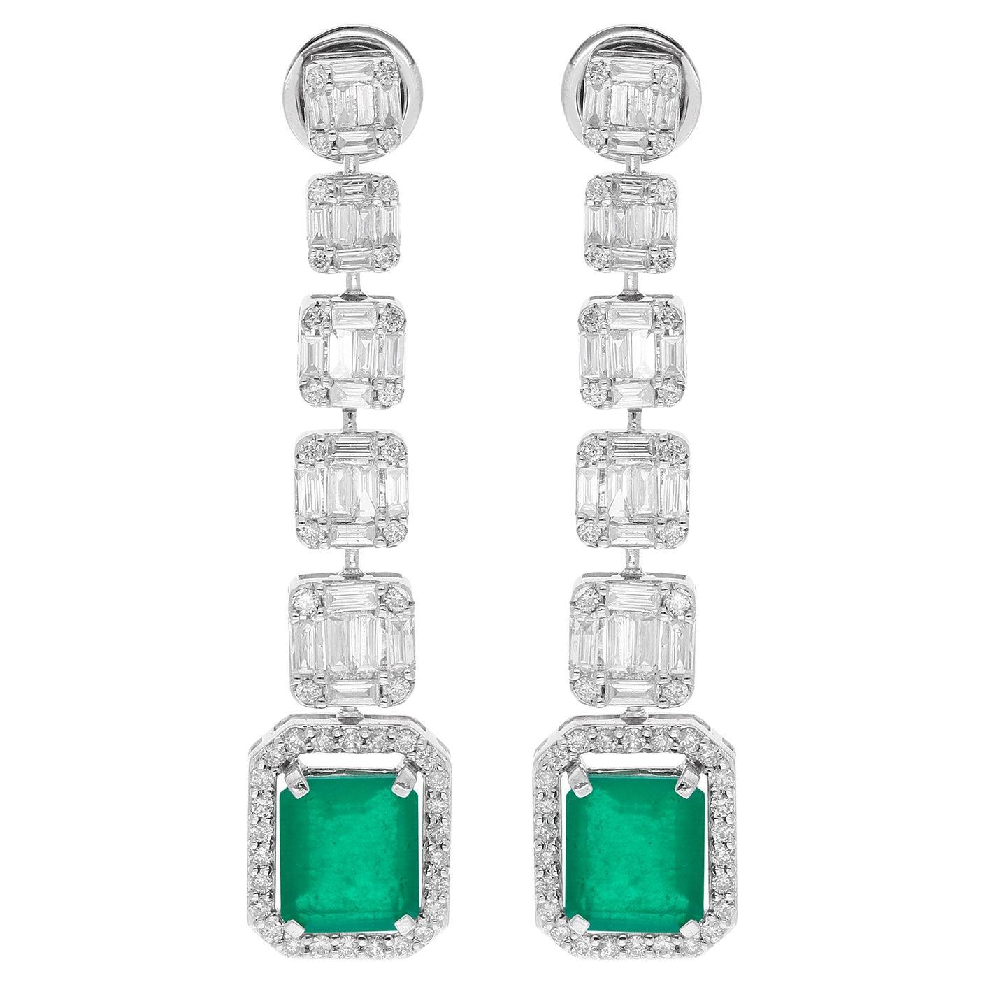 Nature 3.48 Carat Green Gemstone Dangle Ears 1.9 Ct Diamond 18k White Gold