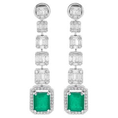 Natural 3.48 Carat Green Gemstone Dangle Earrings 1.9 Ct Diamond 18k White Gold