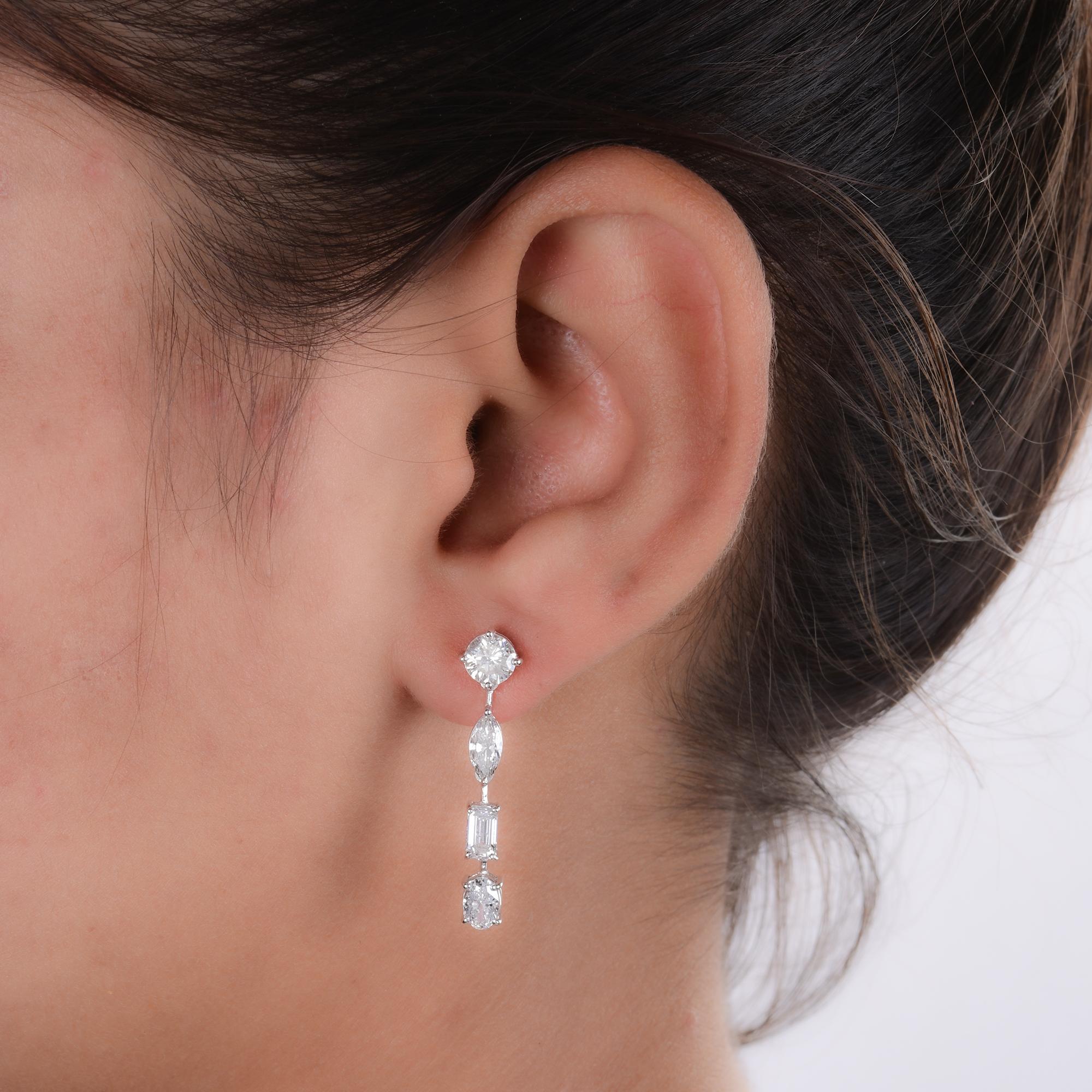 Round Cut Natural 3.49 Carat Multi Diamond Dangle Earrings 18 Karat White Gold Jewelry For Sale