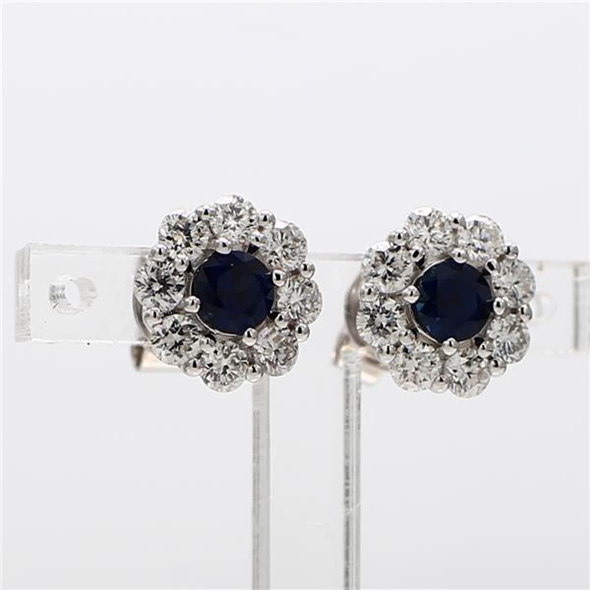Women's Natural Blue Round Sapphire and White Diamond 1.73 Carat TW Gold Stud Earrings For Sale