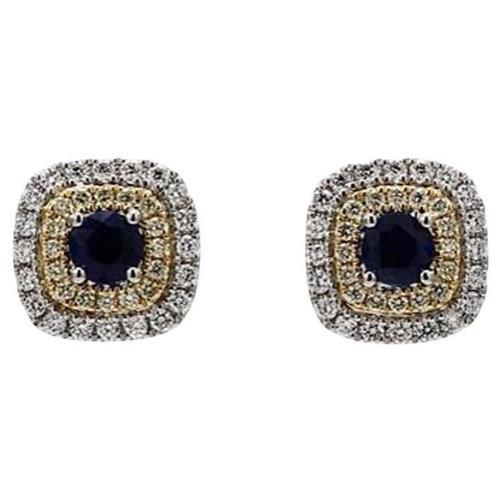 Natural Blue Round Sapphire and 1.19 Carat TW Gold Stud Earrings