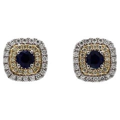 Natural Blue Round Sapphire and 1.19 Carat TW Gold Stud Earrings