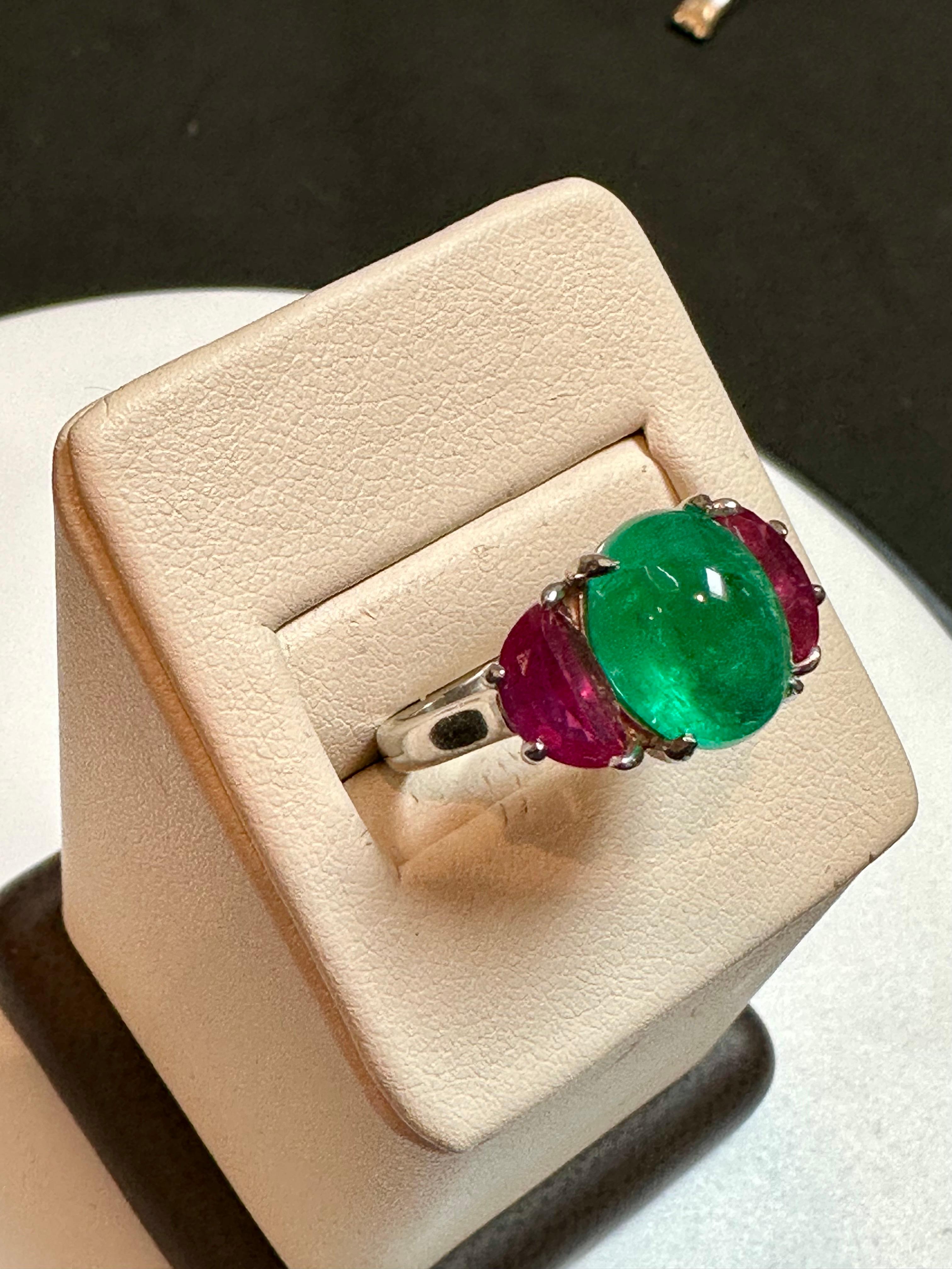 Natural 3.5 Carat Emerald Cabochon & Ruby Ring in Platinum, Estate 5
