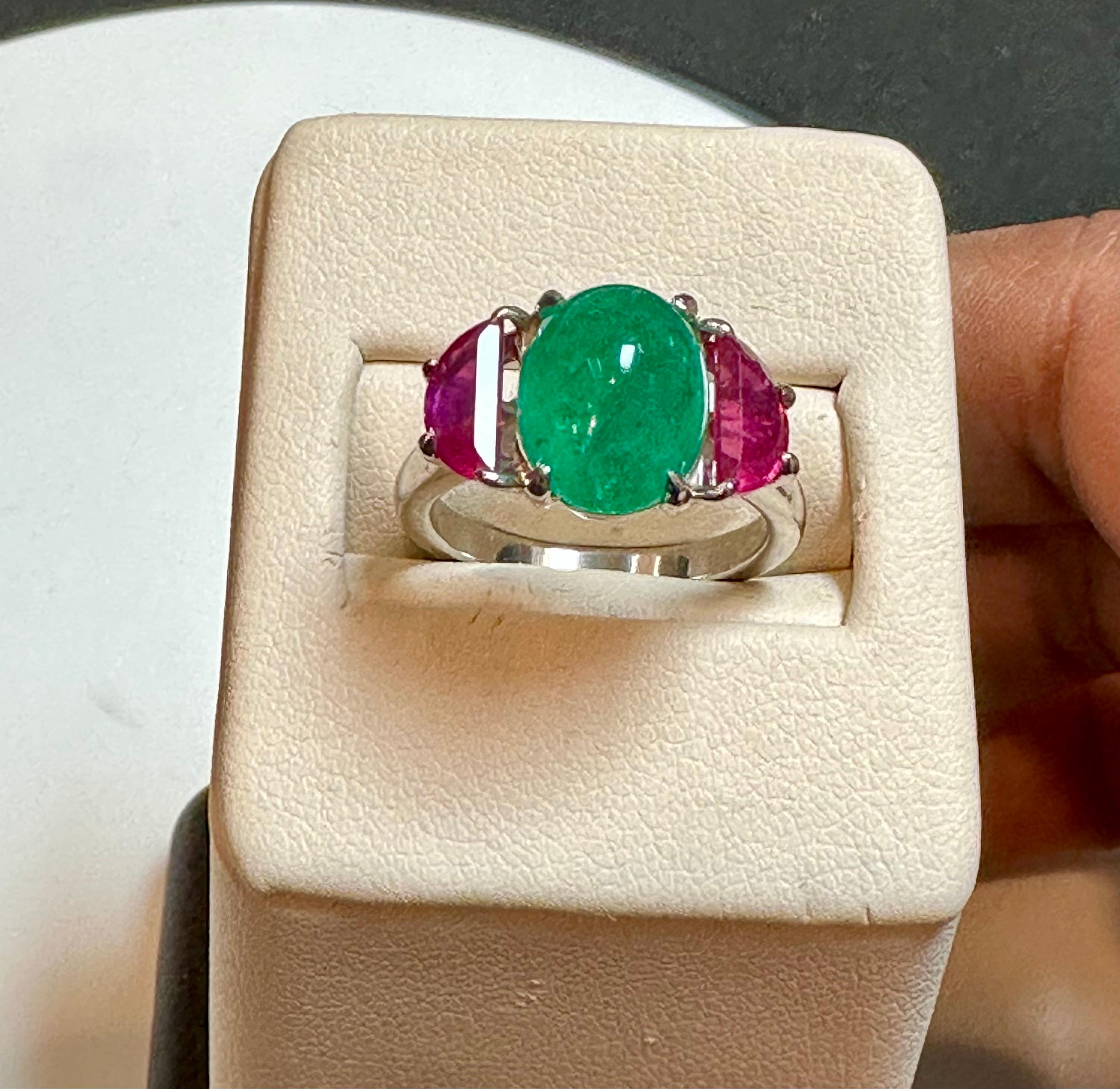 Emerald Cut Natural 3.5 Carat Emerald Cabochon & Ruby Ring in Platinum, Estate