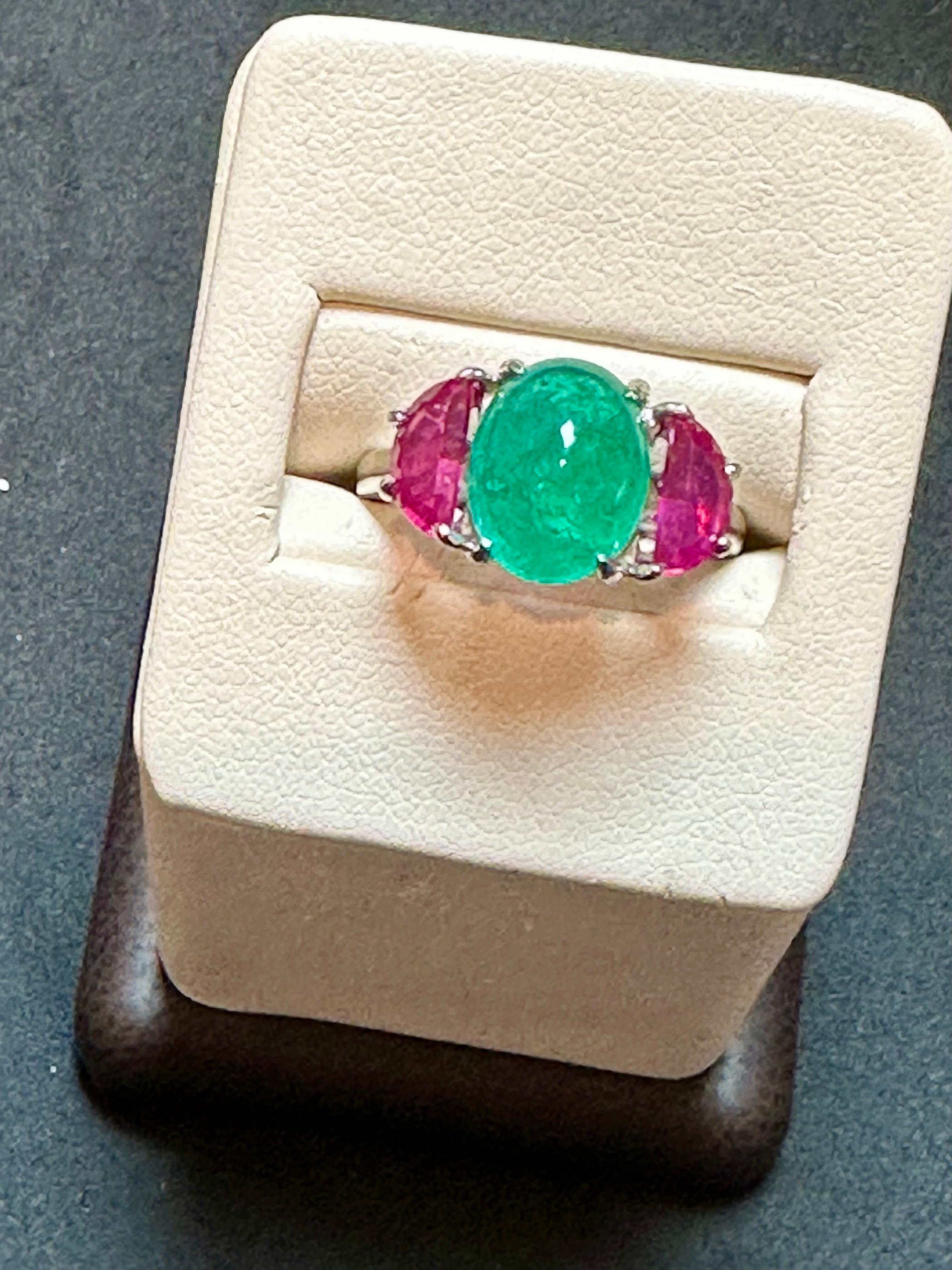 Women's Natural 3.5 Carat Emerald Cabochon & Ruby Ring in Platinum, Estate