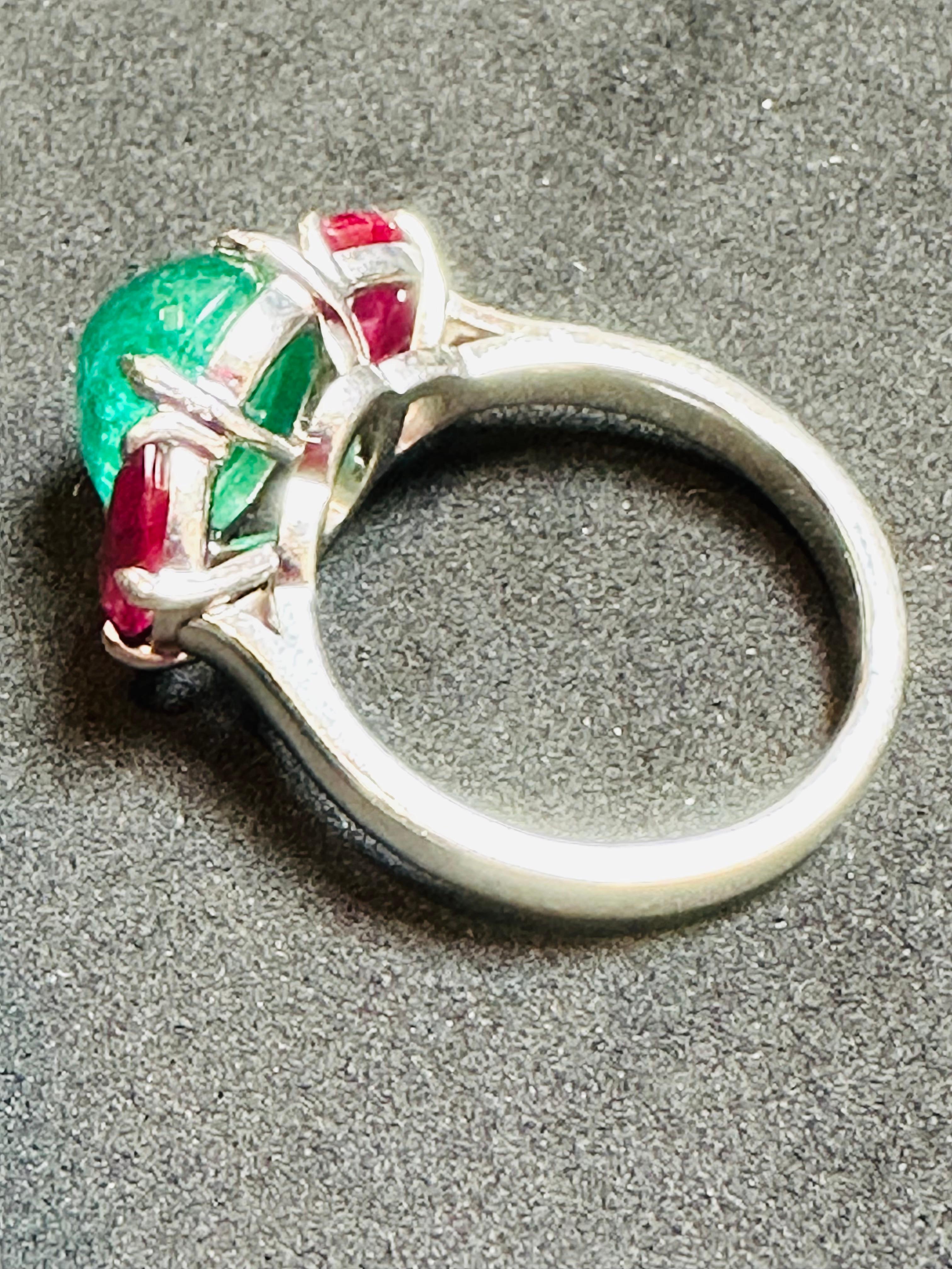 Natural 3.5 Carat Emerald Cabochon & Ruby Ring in Platinum, Estate 1