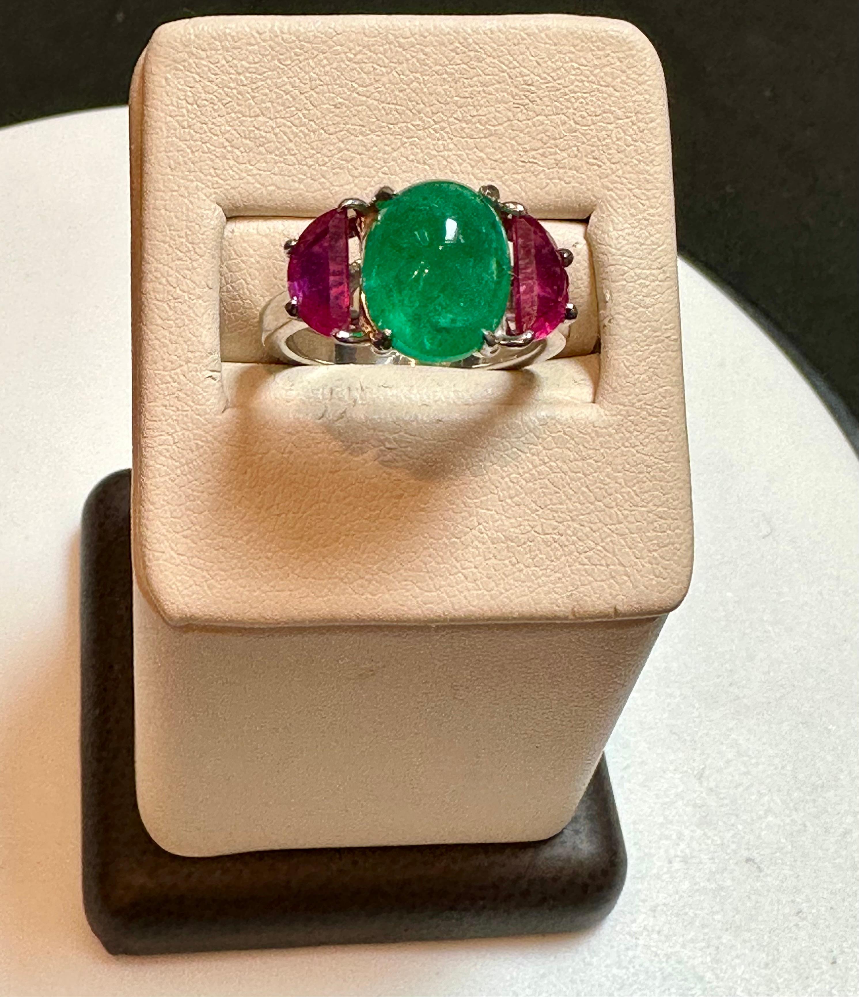 Natural 3.5 Carat Emerald Cabochon & Ruby Ring in Platinum, Estate 4